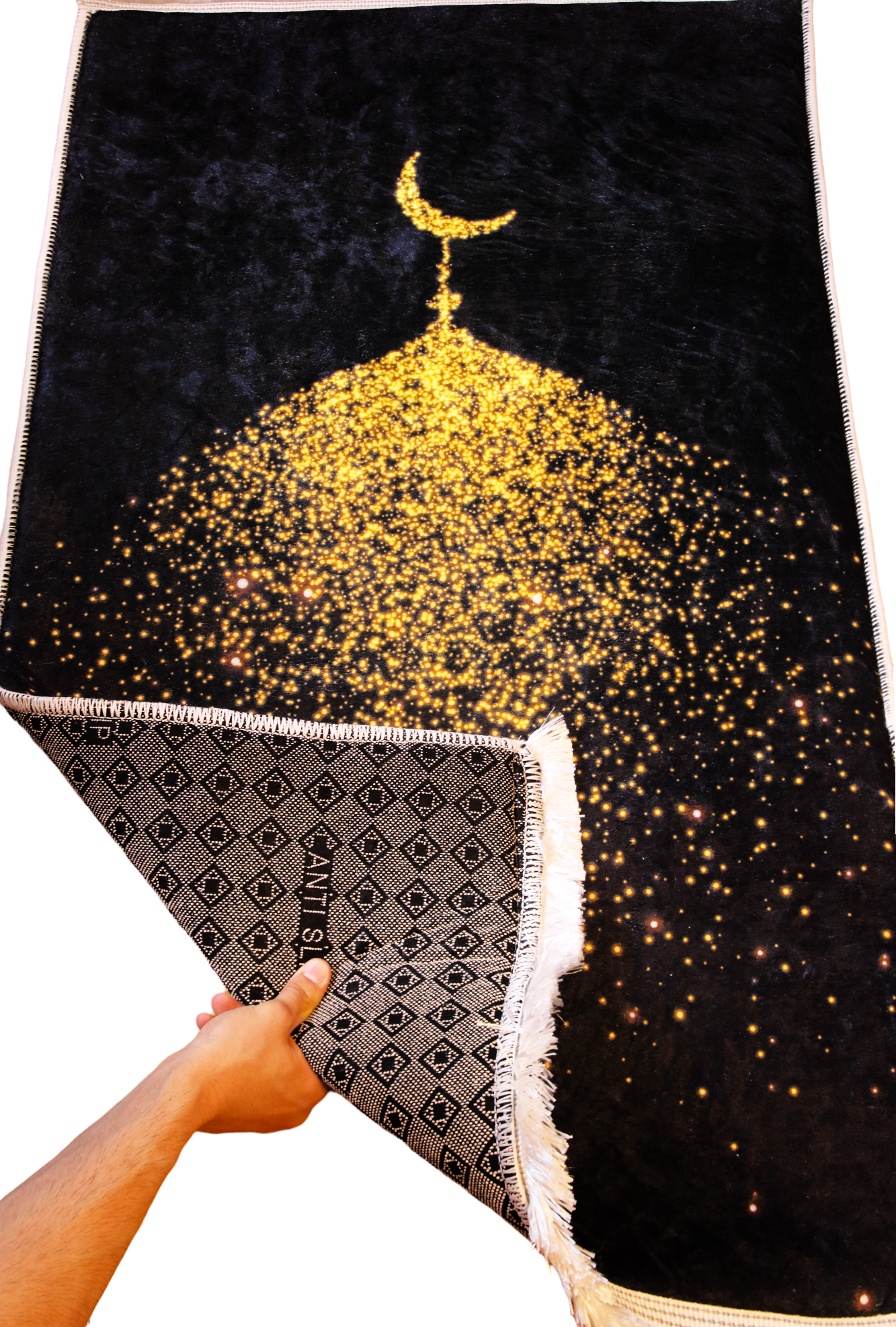 2 CM (0.8 Inch) Foam Thick Padded Prayer Rug Mat With Soft Velvet Anti-Slip Black Gold Moon Islamic Janamaz Muslim Sejadah