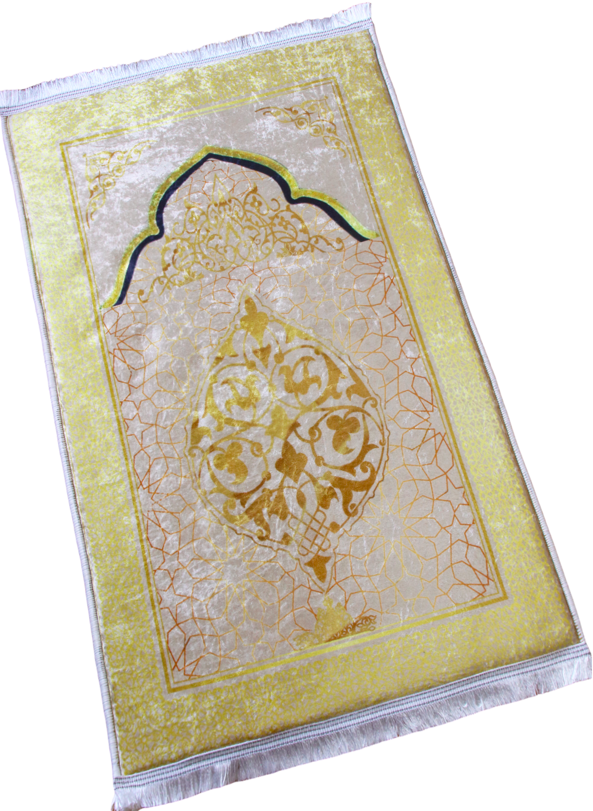 3 CM (1.2 Inch) Foam Thick Padded Prayer Rug Mat With Soft Velvet Anti-Slip Gold Beige Aesthetic Janamaz Muslim Sejadah