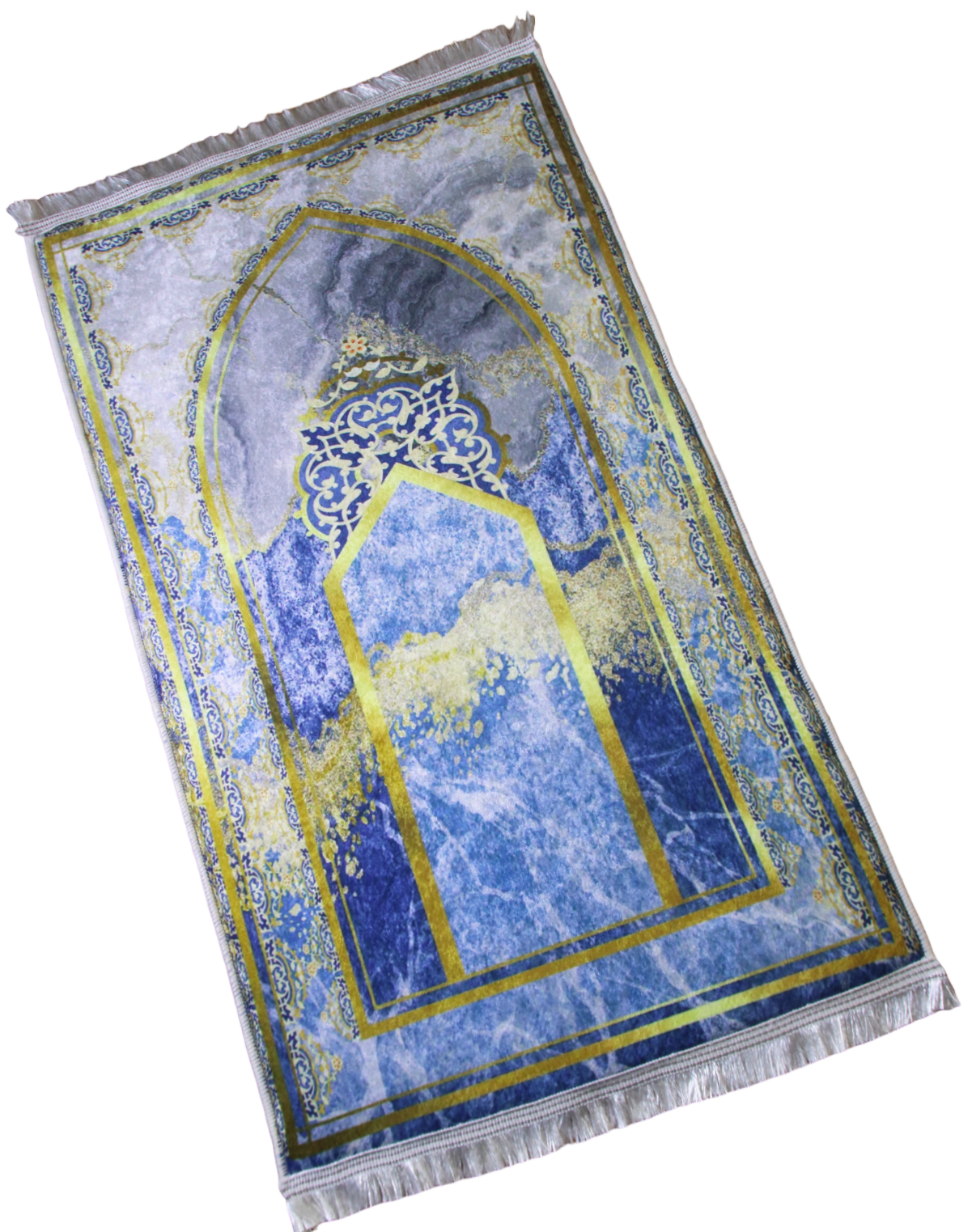 3 CM (1.2 Inch) Foam ULTRA Thick Padded Prayer Rug Mat With Soft Velvet Anti-Slip Islamic Blue Gold Janamaz Muslim Sejadah