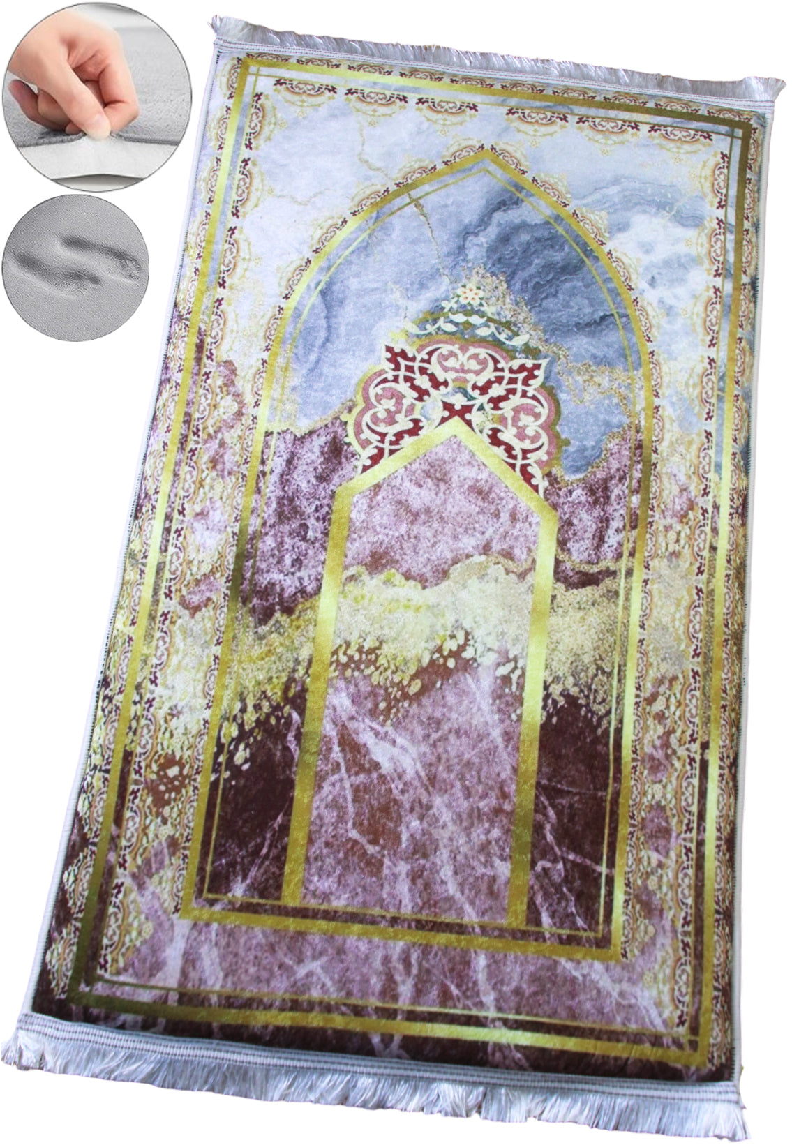 3 CM (1.2 Inch) Foam Thick Padded Prayer Rug Mat With Soft Velvet Anti-Slip Islamic Marble Gold Janamaz Muslim Sejadah