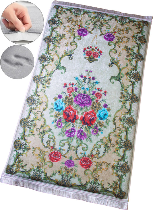 3 CM (1.2 Inch) Foam Thick Padded Prayer Rug Mat With Soft Velvet Anti-Slip Islamic Flower Beige Janamaz Muslim Sejadah