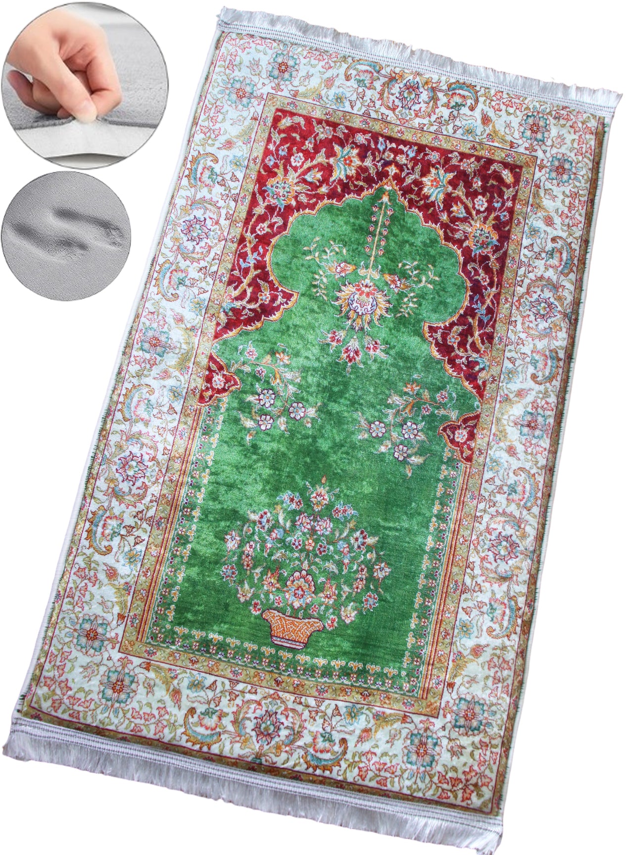 3 CM (1.2 Inch) Foam Thick Padded Prayer Rug Mat With Soft Velvet Anti-Slip Green Oriental Janamaz Muslim Sejadah