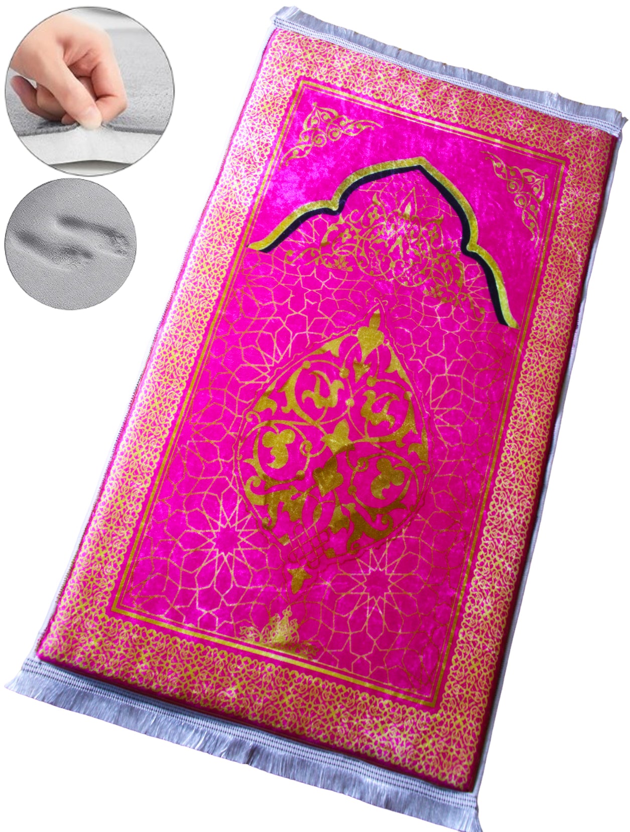 3 CM (1.2 Inch) Foam Thick Padded Prayer Rug Mat With Soft Velvet Anti-Slip Pink Gold Janamaz Muslim Sejadah