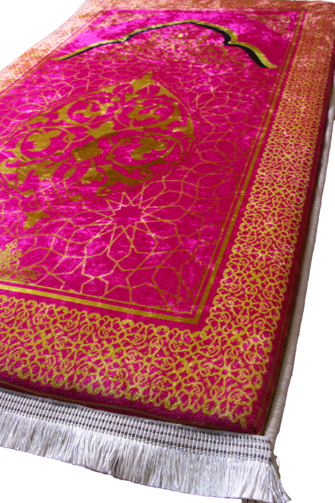 3 CM (1.2 Inch) Foam Thick Padded Prayer Rug Mat With Soft Velvet Anti-Slip Pink Gold Janamaz Muslim Sejadah