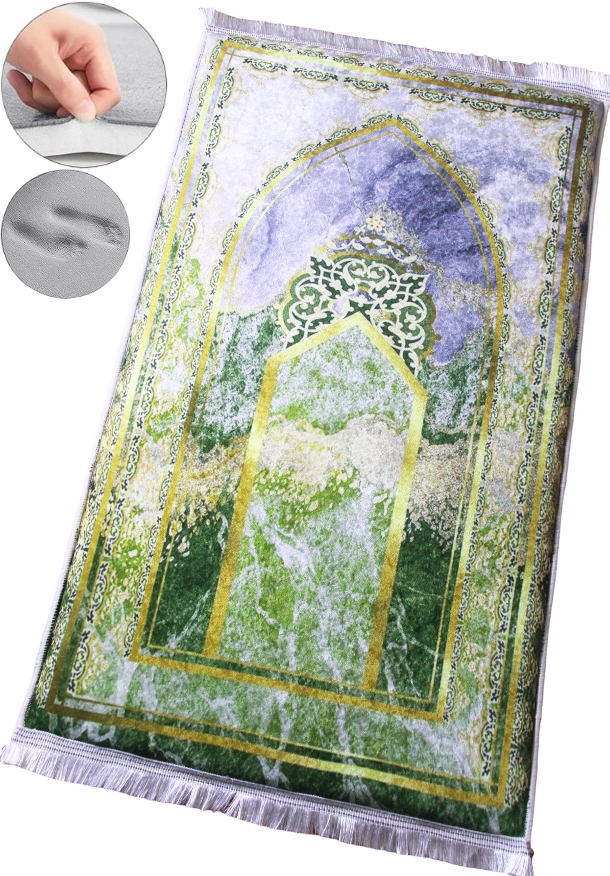 3 CM (1.2 Inch) Foam Thick Padded Prayer Rug Mat With Soft Velvet Anti-Slip Islamic Green Gold Janamaz Muslim Sejadah