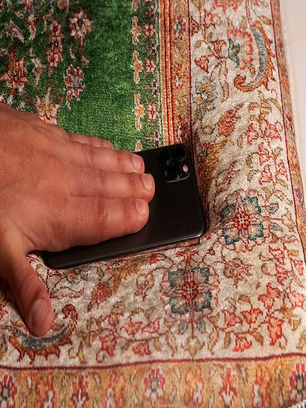 3 CM Süngerli Ortopedik Seccade - Yeşil Bej Desenli Ortopedik Kadife - Carpetella