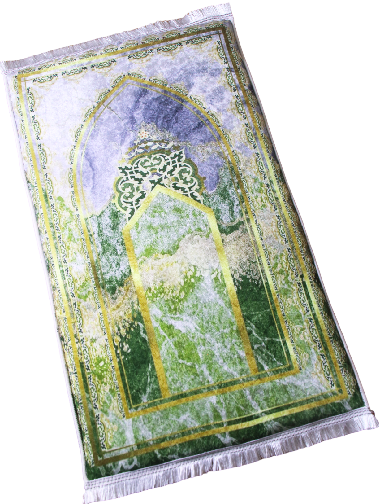 3 CM (1.2 Inch) Foam Thick Padded Prayer Rug Mat With Soft Velvet Anti-Slip Islamic Green Gold Janamaz Muslim Sejadah