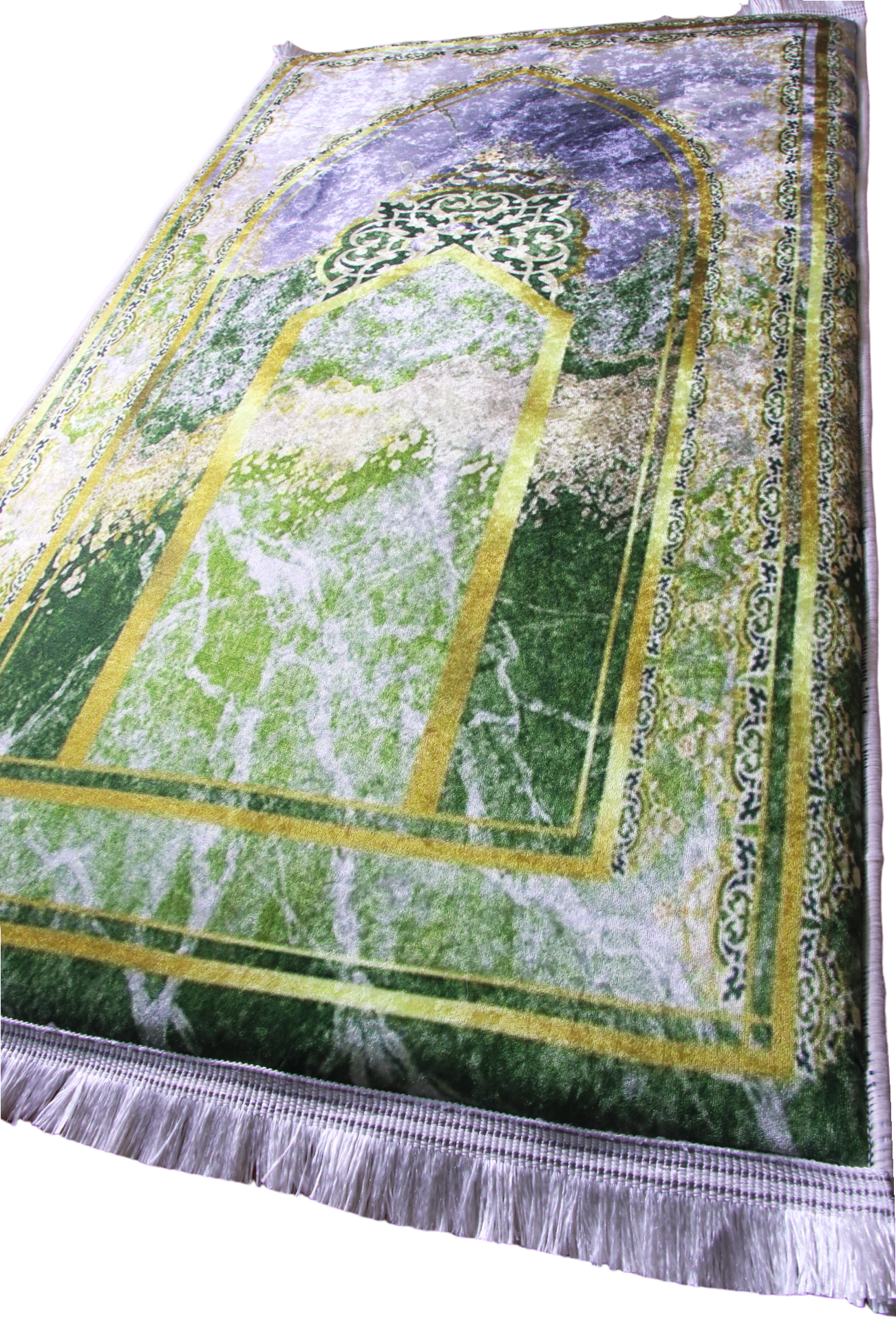 3 CM (1.2 Inch) Foam Thick Padded Prayer Rug Mat With Soft Velvet Anti-Slip Islamic Green Gold Janamaz Muslim Sejadah