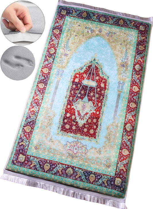 3 CM (1.2 Inch) Foam Thick Padded Prayer Rug Mat With Soft Velvet Anti-Slip Islamic Green Red Janamaz Muslim Sejadah