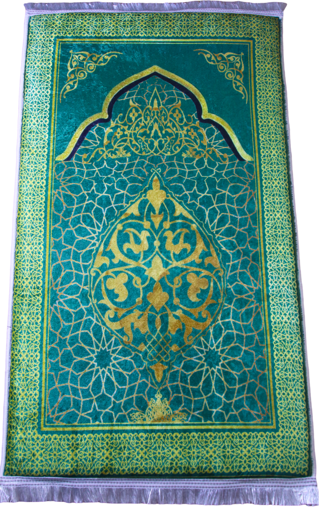 3 CM (1.2 Inch) Foam Thick Padded Prayer Rug Mat With Soft Velvet Anti-Slip Green Gold Janamaz Muslim Sejadah