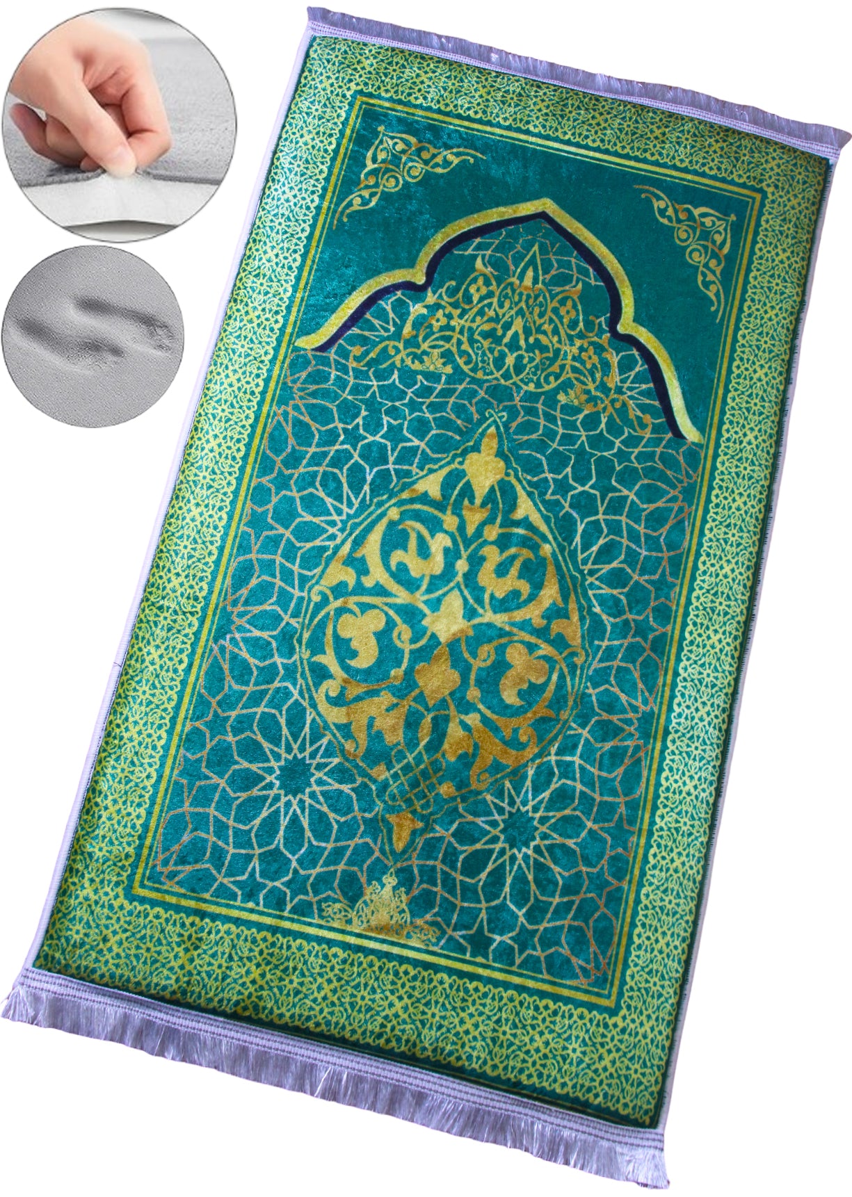 3 CM (1.2 Inch) Foam Thick Padded Prayer Rug Mat With Soft Velvet Anti-Slip Green Gold Janamaz Muslim Sejadah