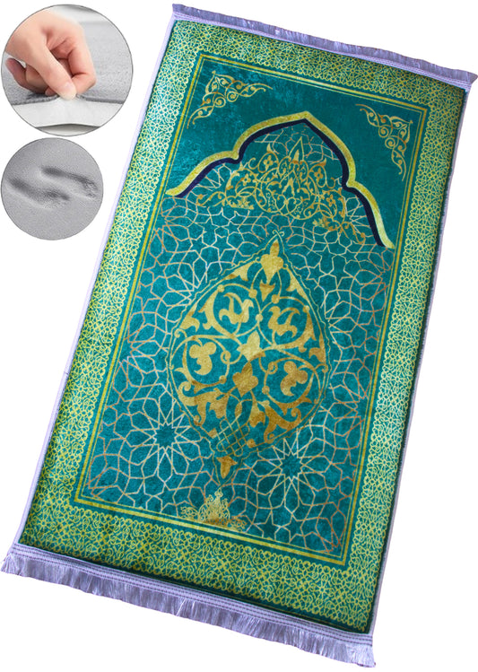 3 CM (1.2 Inch) Foam Thick Padded Prayer Rug Mat With Soft Velvet Anti-Slip Green Gold Janamaz Muslim Sejadah