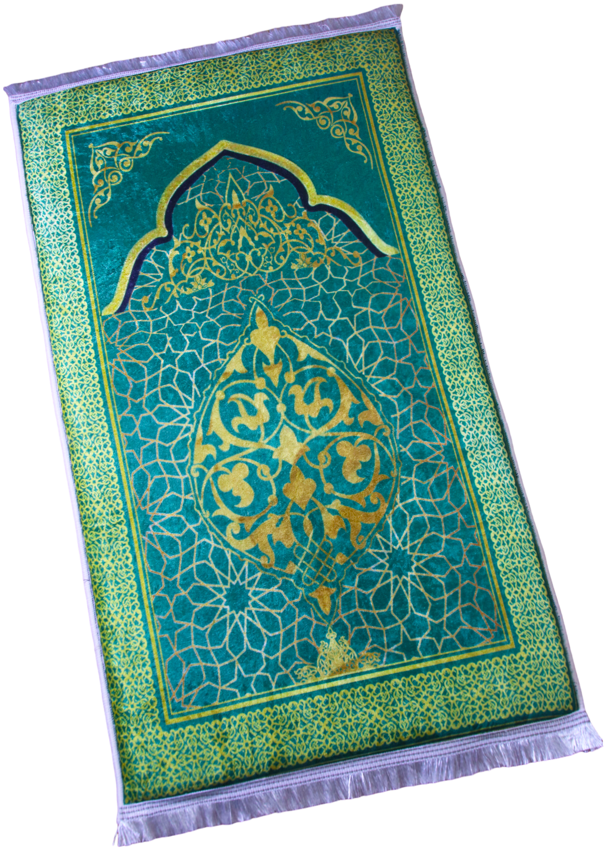 3 CM (1.2 Inch) Foam Thick Padded Prayer Rug Mat With Soft Velvet Anti-Slip Green Gold Janamaz Muslim Sejadah