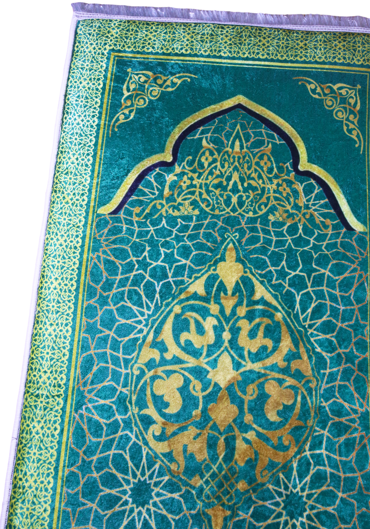 3 CM (1.2 Inch) Foam Thick Padded Prayer Rug Mat With Soft Velvet Anti-Slip Green Gold Janamaz Muslim Sejadah