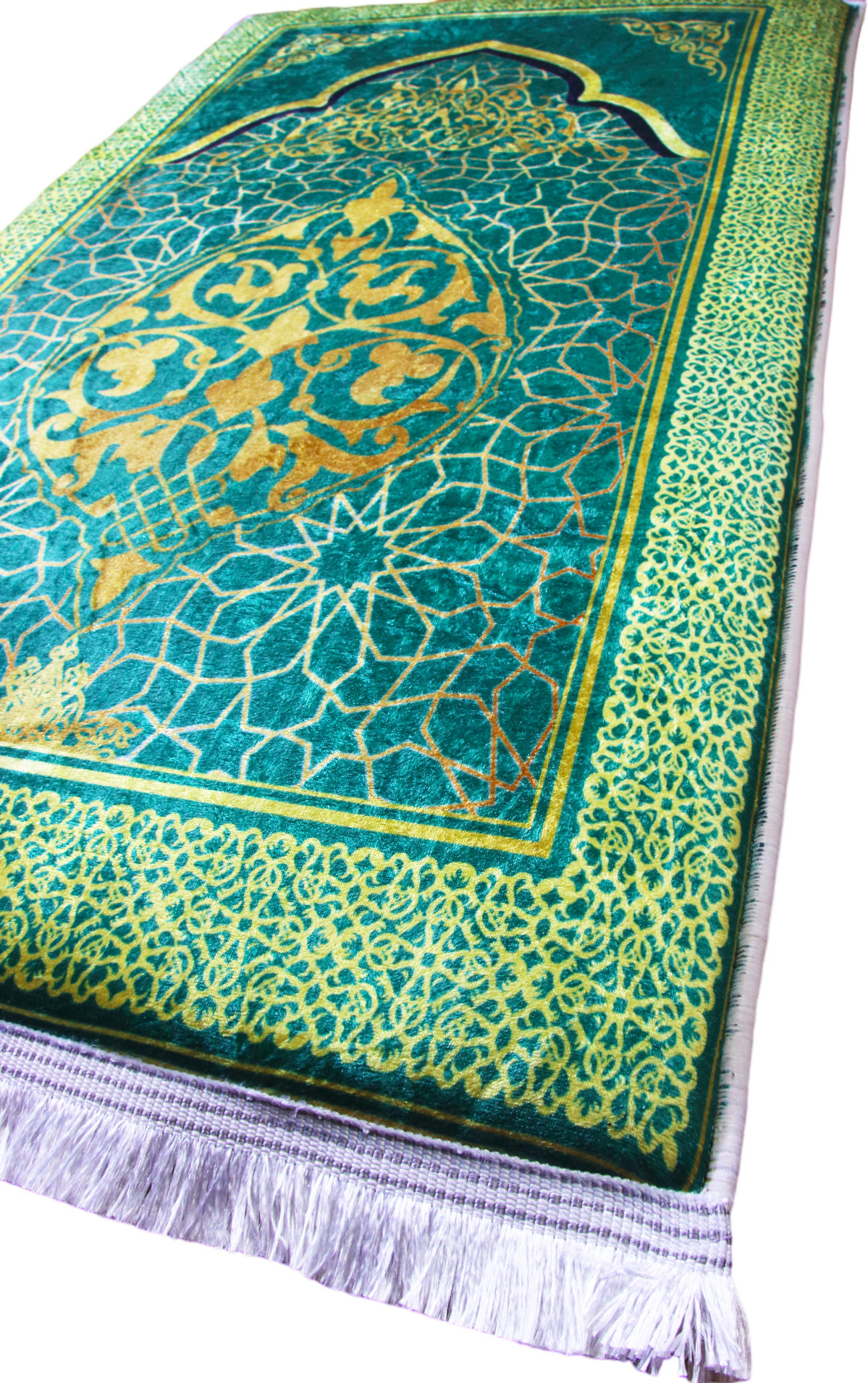 3 CM (1.2 Inch) Foam Thick Padded Prayer Rug Mat With Soft Velvet Anti-Slip Green Gold Janamaz Muslim Sejadah