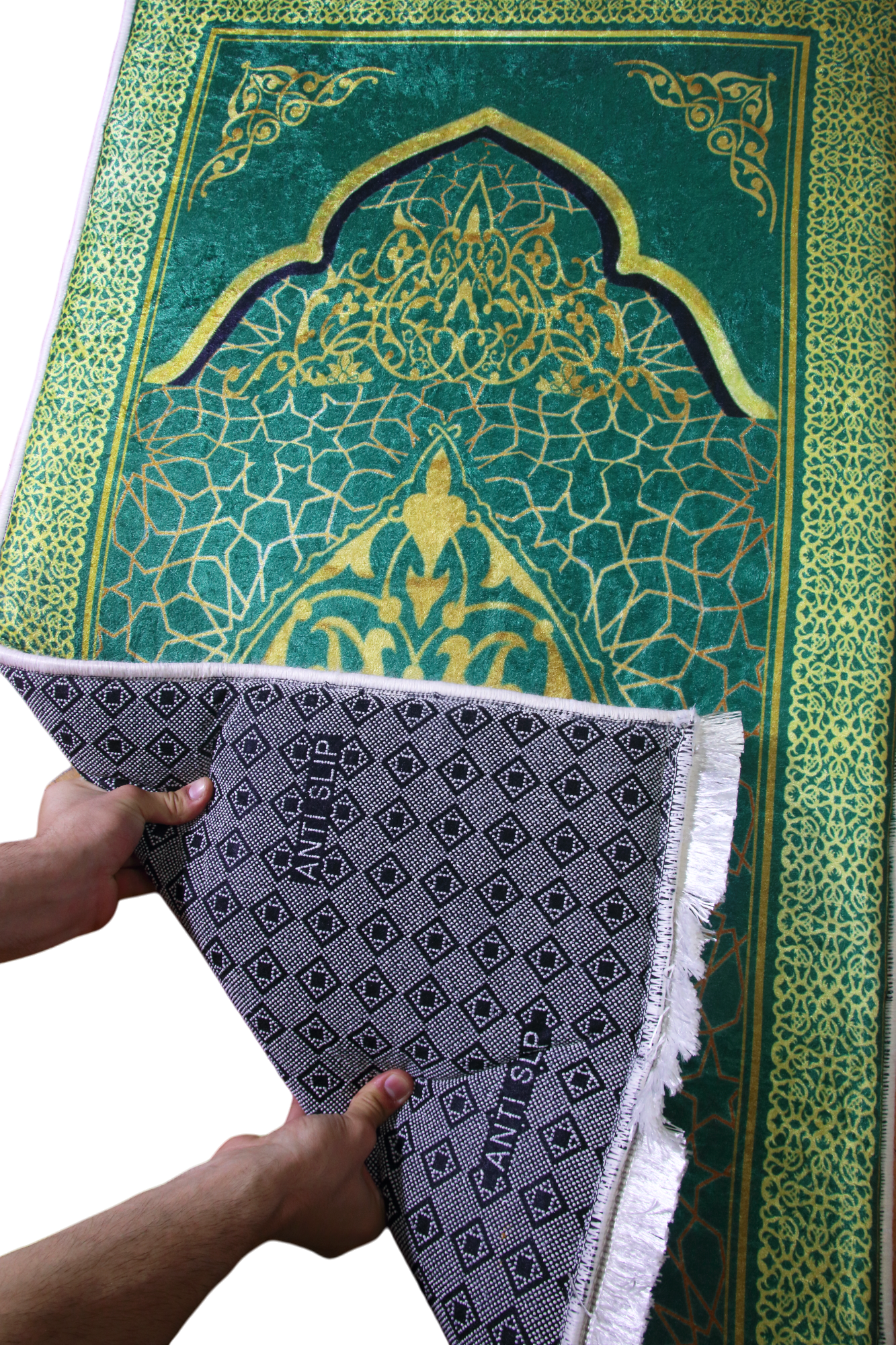 3 CM (1.2 Inch) Foam Thick Padded Prayer Rug Mat With Soft Velvet Anti-Slip Green Gold Janamaz Muslim Sejadah