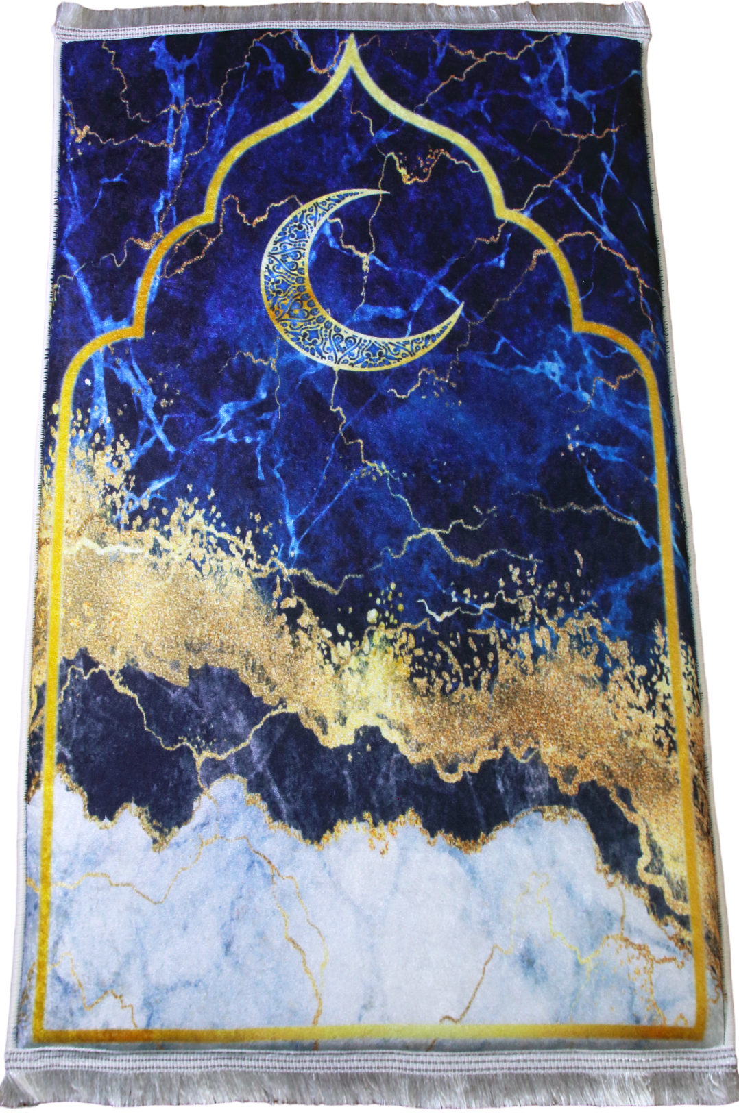 3 CM (1.2 Inch) Foam Thick Padded Prayer Rug Mat With Soft Velvet Anti-Slip Blue Gold Janamaz Muslim Sejadah