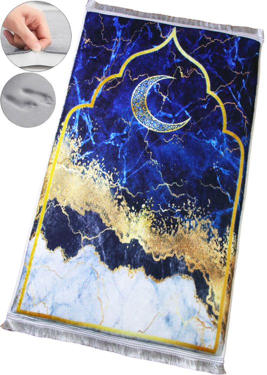 3 CM (1.2 Inch) Foam Thick Padded Prayer Rug Mat With Soft Velvet Anti-Slip Blue Gold Janamaz Muslim Sejadah