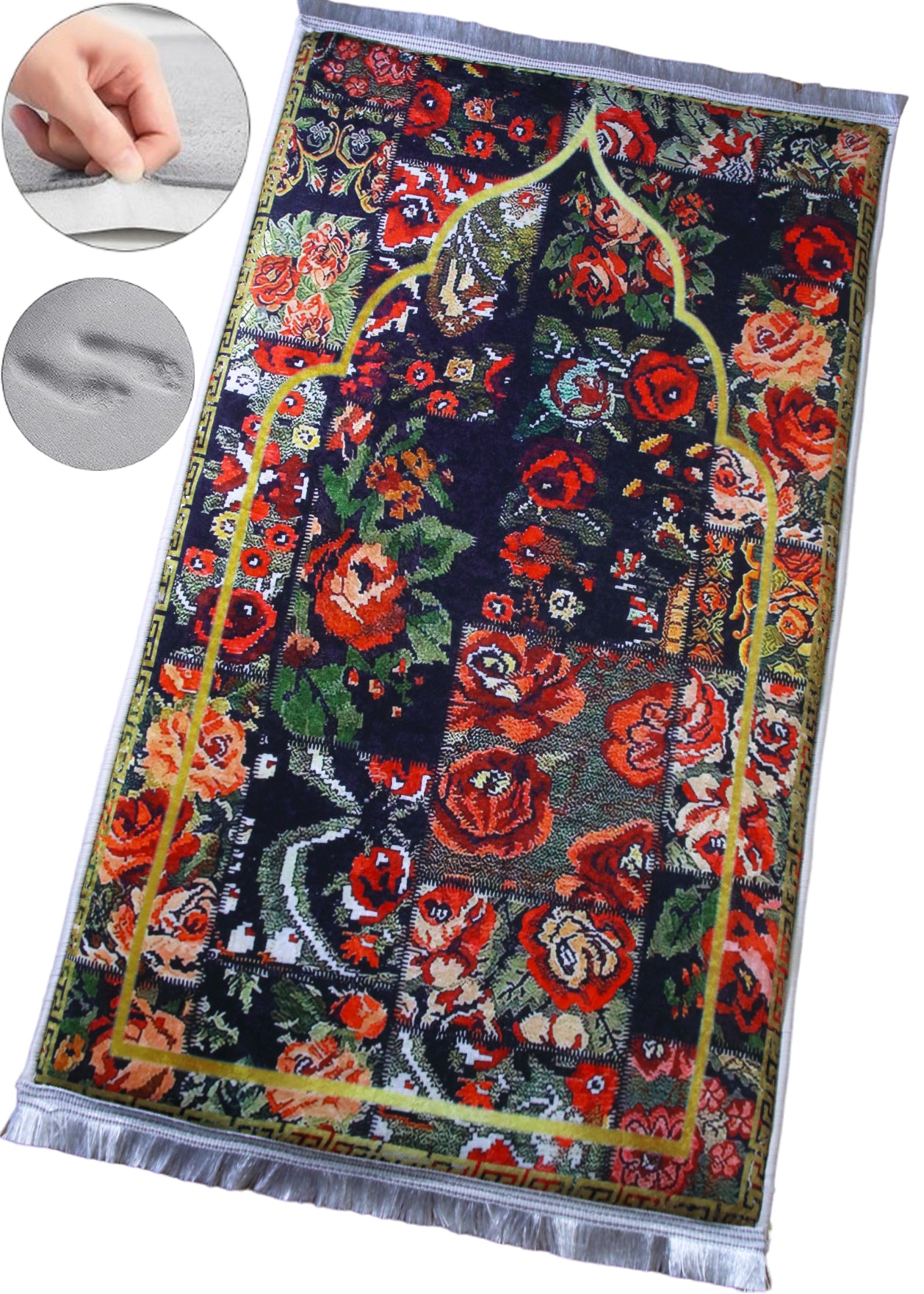 3 CM (1.2 Inch) Foam Thick Padded Prayer Rug Mat With Soft Velvet Anti-Slip Islamic Flower Janamaz Muslim Sejadah