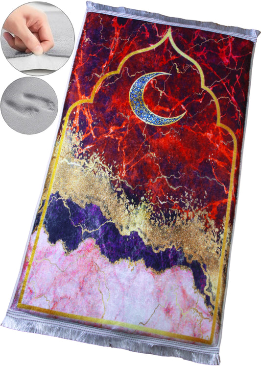 3 CM (1.2 Inch) Foam Thick Padded Prayer Rug Mat With Soft Velvet Anti-Slip Red Marble Janamaz Muslim Sejadah