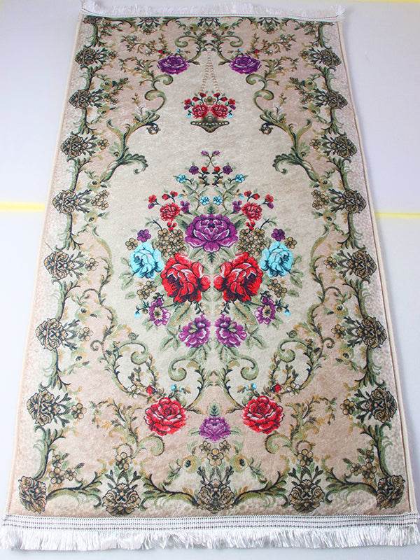 3 CM Süngerli Ortopedik Seccade - Gri Çiçek Desenli Lüks Kadife Seccade - Carpetella