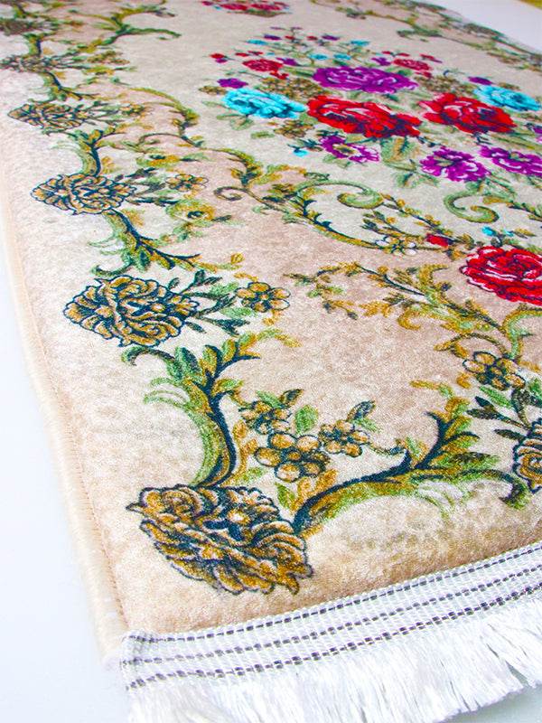 3 CM Süngerli Ortopedik Seccade - Gri Çiçek Desenli Lüks Kadife Seccade - Carpetella