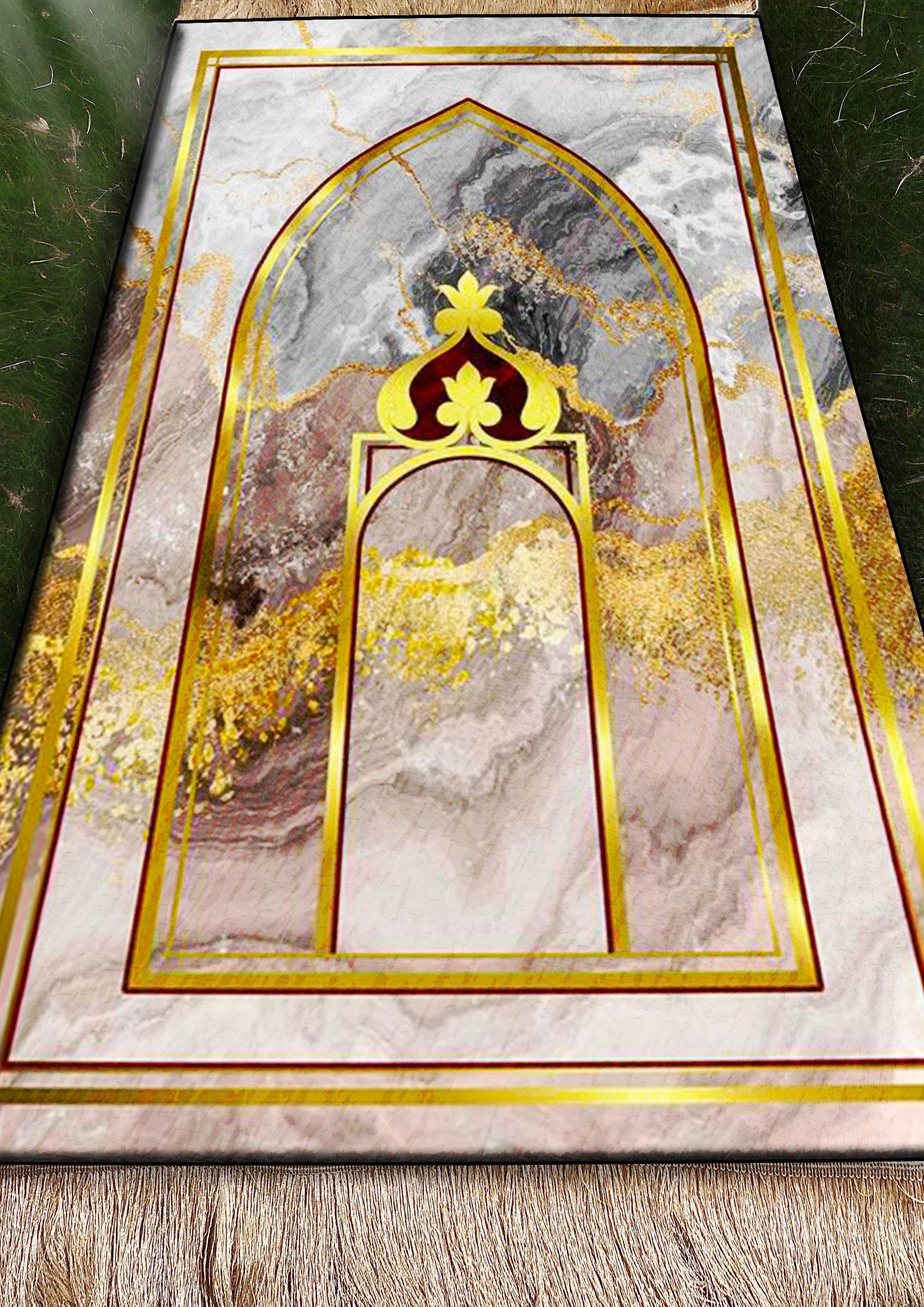 Gold Mermer Keten Astarlı Kadife Seccade - 70x120cm - Carpetella