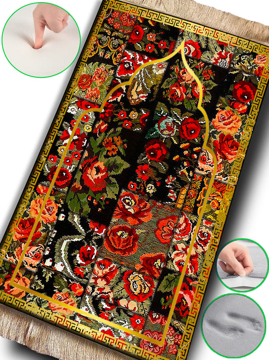 2 CM (0.8 Inch) Foam Thick Padded Prayer Rug Mat With Soft Velvet Anti-Slip Flower Colorful Janamaz Muslim Sejadah