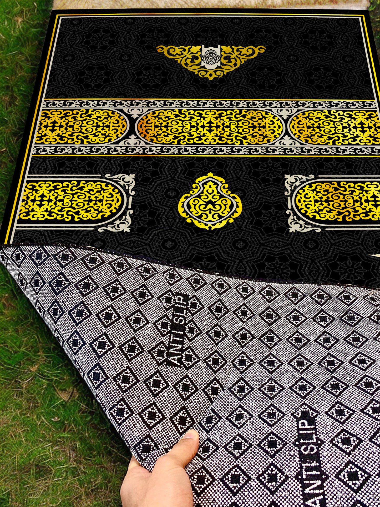 2 CM (0.8 Inch) Foam Thick Padded Prayer Rug Mat With Soft Velvet Anti-Slip Gold Kaaba Door Janamaz Muslim Sejadah