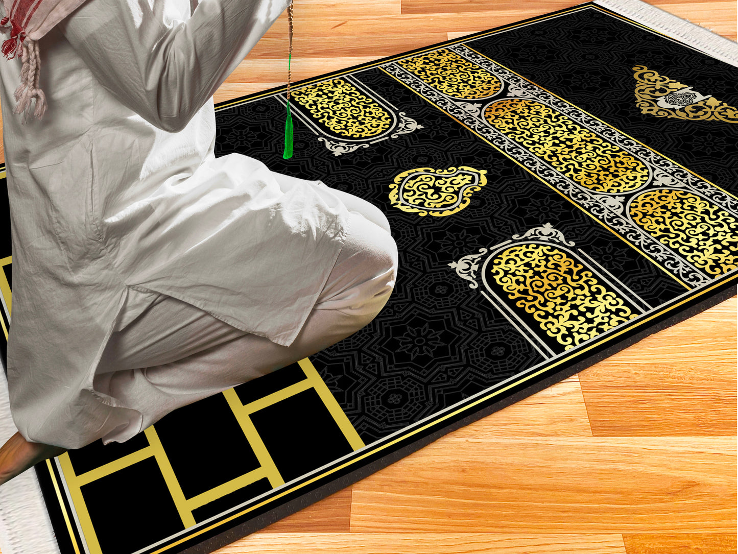 2 CM (0.8 Inch) Foam Thick Padded Prayer Rug Mat With Soft Velvet Anti-Slip Gold Kaaba Door Janamaz Muslim Sejadah