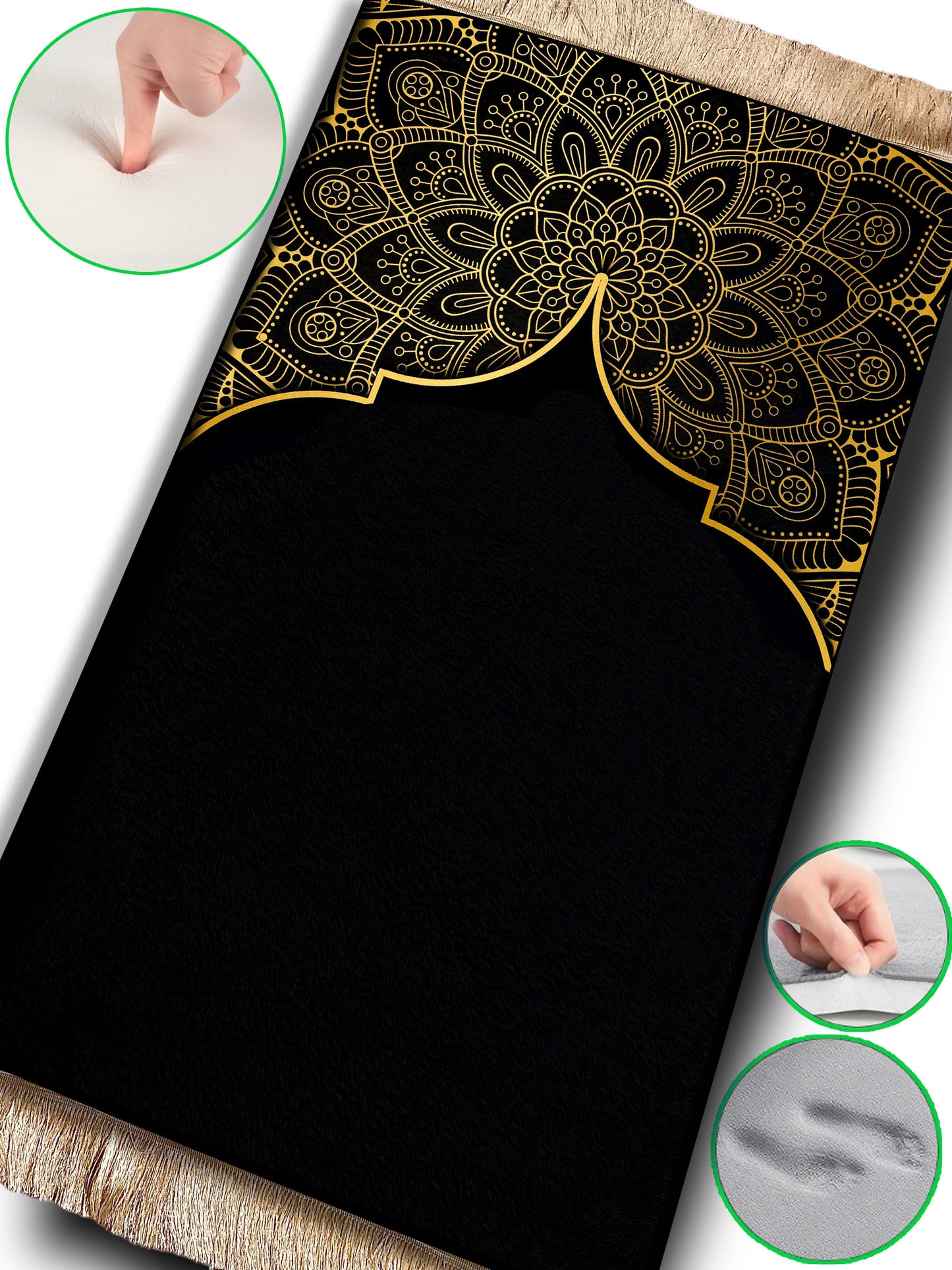 2 CM (0.8 Inch) Foam Thick Padded Prayer Rug Mat With Soft Velvet Anti-Slip Black Gold Janamaz Muslim Sejadah