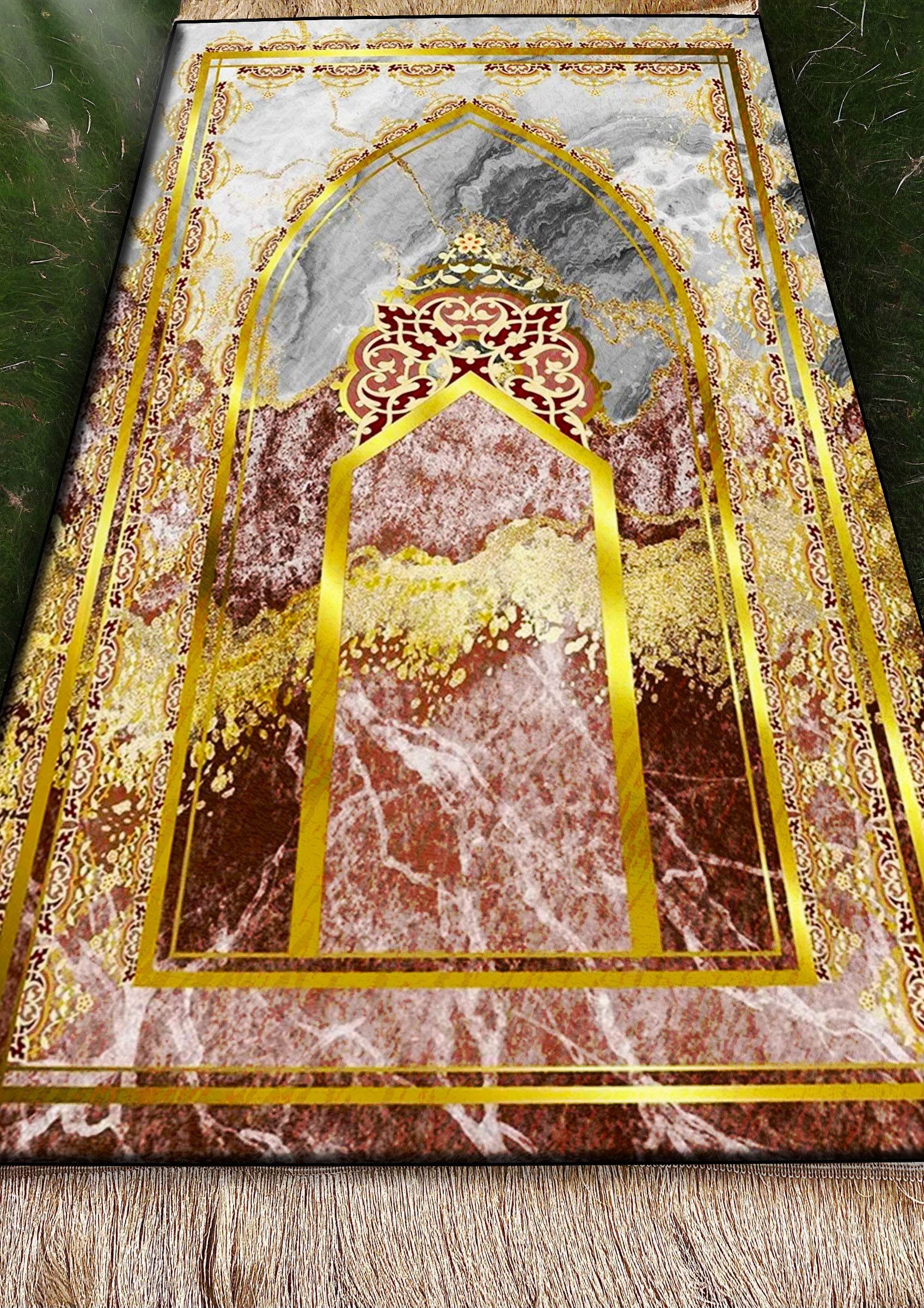 Gold Mermer Desenli İsme Özel Keten Astarlı Lüks Seccade - Carpetella