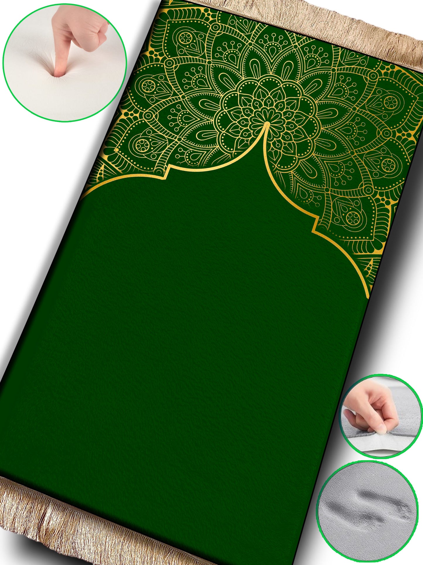 2 CM (0.8 Inch) Foam Thick Padded Prayer Rug Mat With Soft Velvet Anti-Slip Green Gold Janamaz Muslim Sejadah