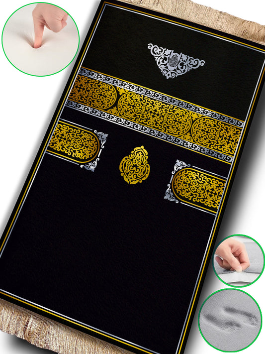 2 CM (0.8 Inch) Foam Thick Padded Prayer Rug Mat With Soft Velvet Anti-Slip Black Kaaba Janamaz Muslim Sejadah