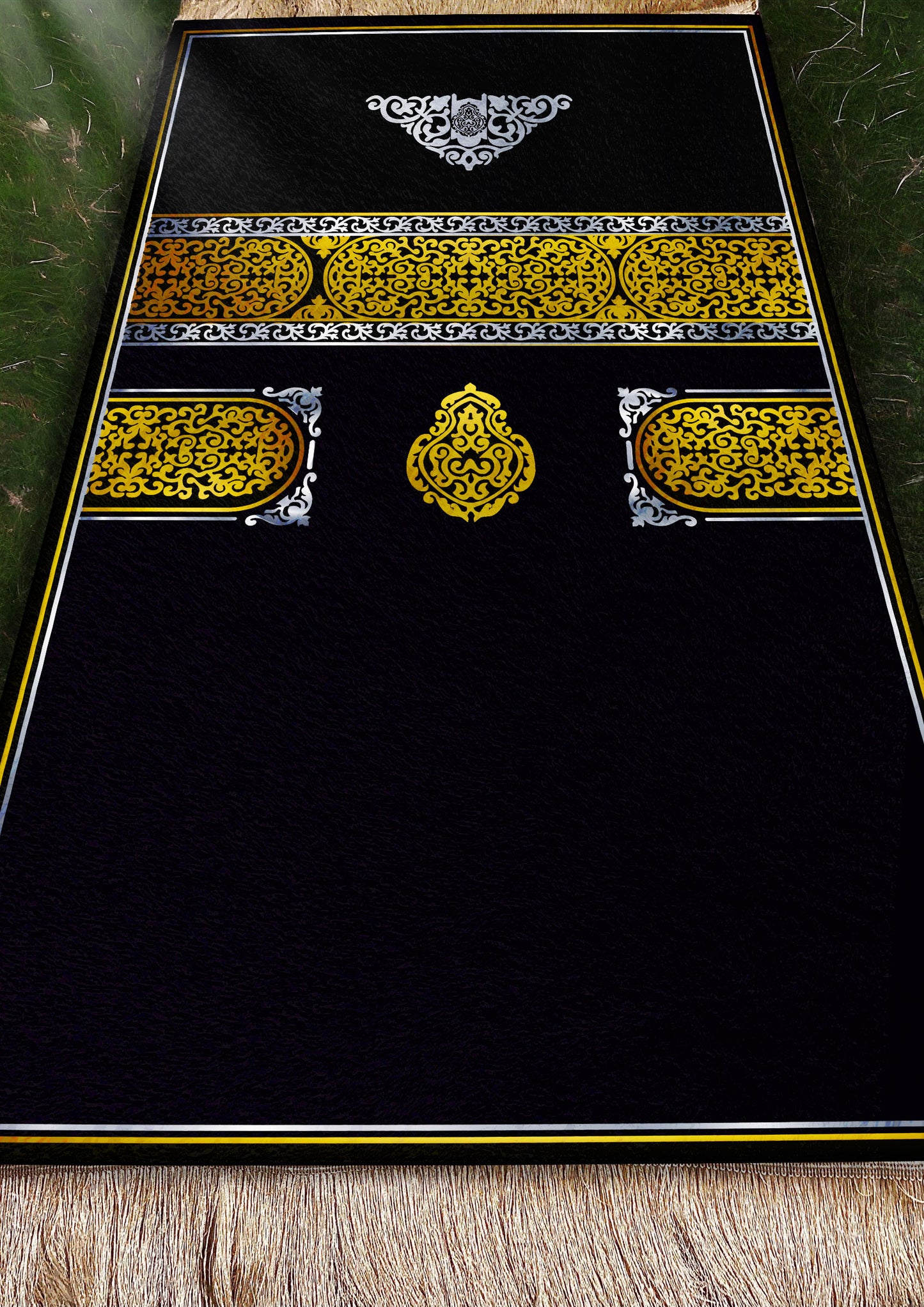 2 CM (0.8 Inch) Foam Thick Padded Prayer Rug Mat With Soft Velvet Anti-Slip Black Kaaba Janamaz Muslim Sejadah