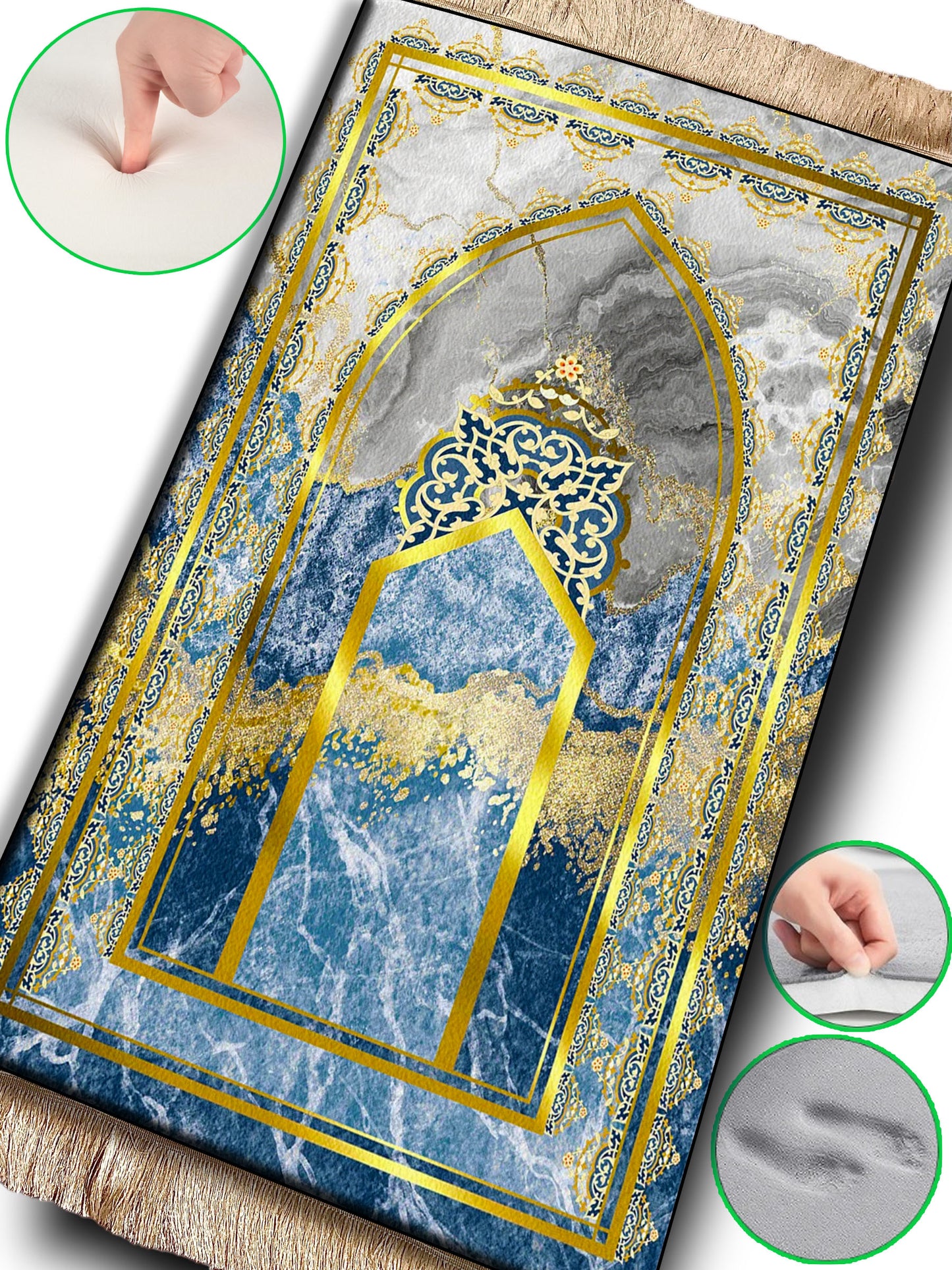 2 CM (0.8 Inch) Foam Thick Padded Prayer Rug Mat With Soft Velvet Anti-Slip Blue Gold Marble Janamaz Muslim Sejadah