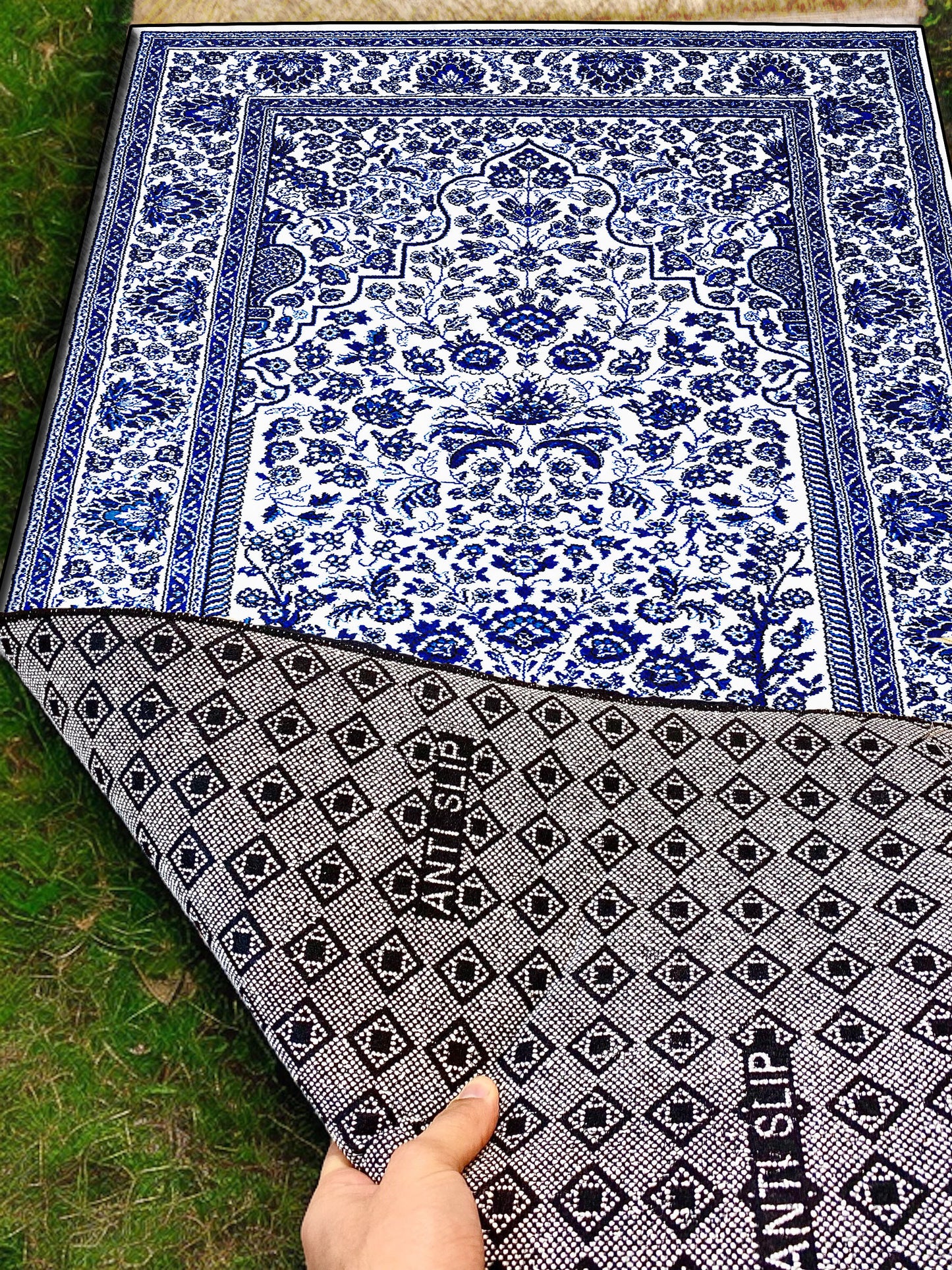 2 CM (0.8 Inch) Foam Thick Padded Prayer Rug Mat With Soft Velvet Anti-Slip Blue Oriental Janamaz Muslim Sejadah