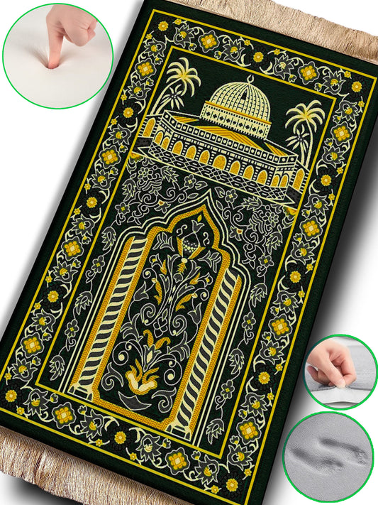 2 CM (0.8 Inch) Foam Thick Padded Prayer Rug Mat With Soft Velvet Anti-Slip Black Yellow Janamaz Muslim Sejadah