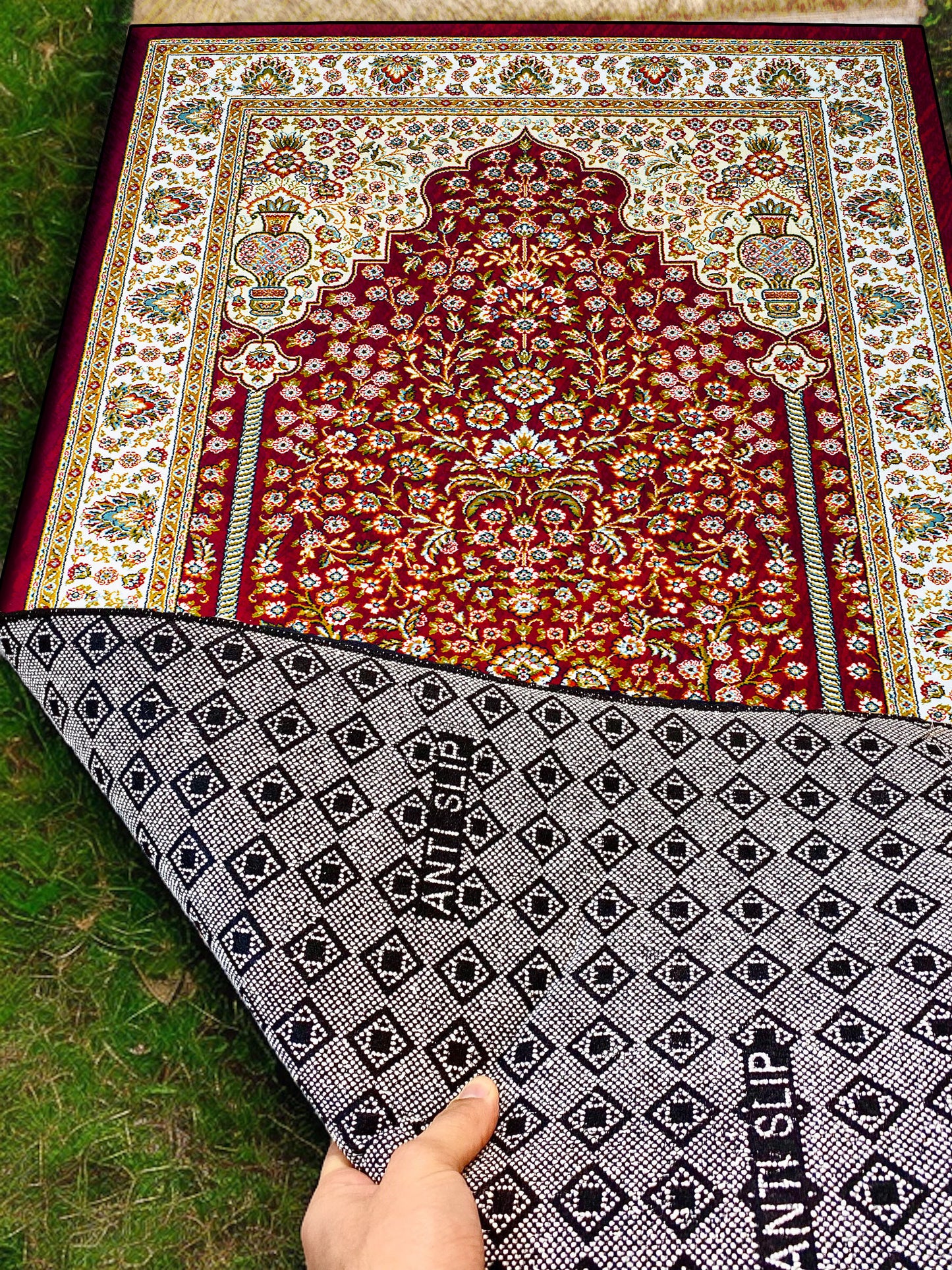 2 CM (0.8 Inch) Foam Thick Padded Prayer Rug Mat With Soft Velvet Anti-Slip Brown Oriental Janamaz Muslim Sejadah