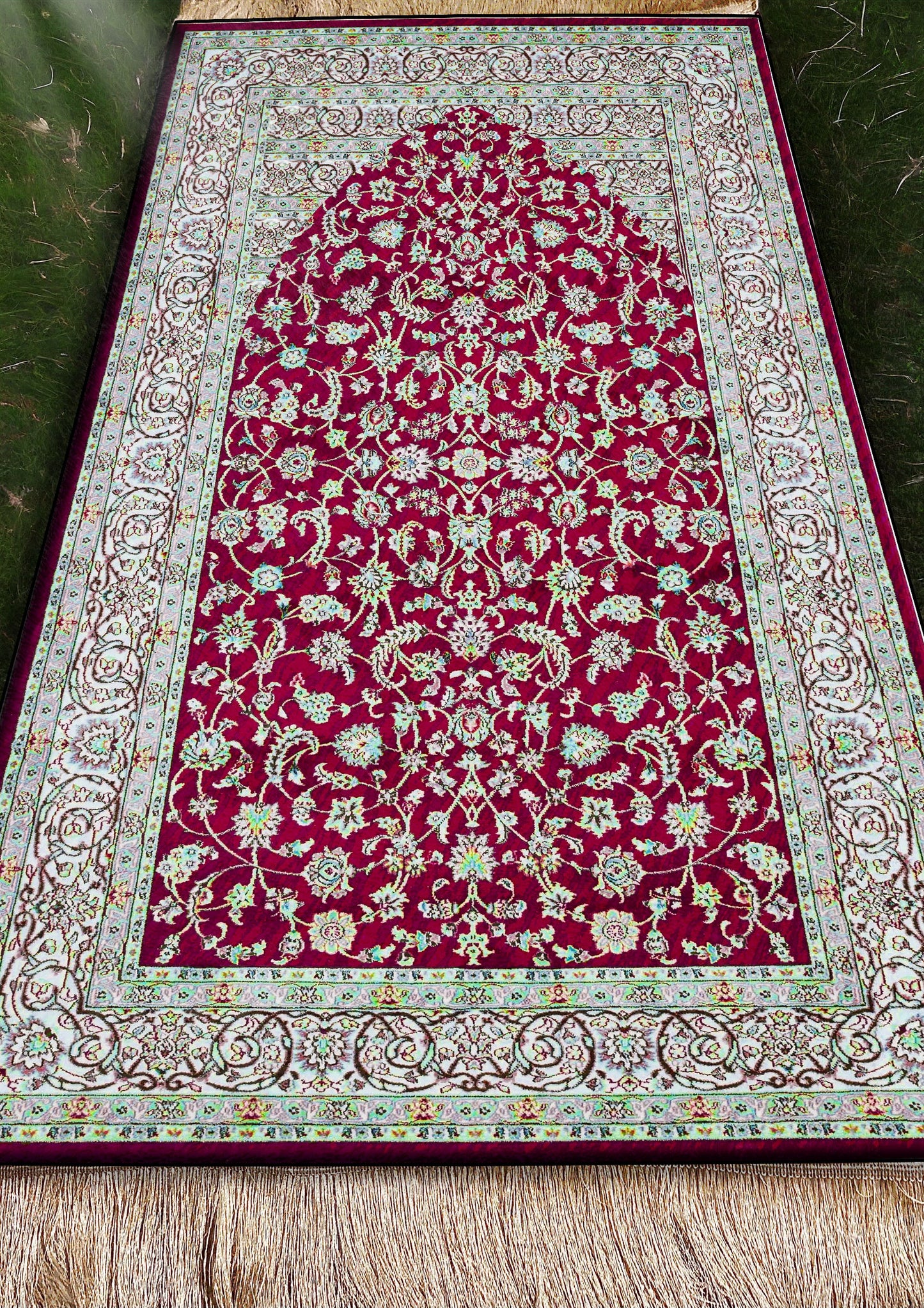 2 CM (0.8 Inch) Foam Thick Padded Prayer Rug Mat With Soft Velvet Anti-Slip Burgundy Vintage Janamaz Muslim Sejadah