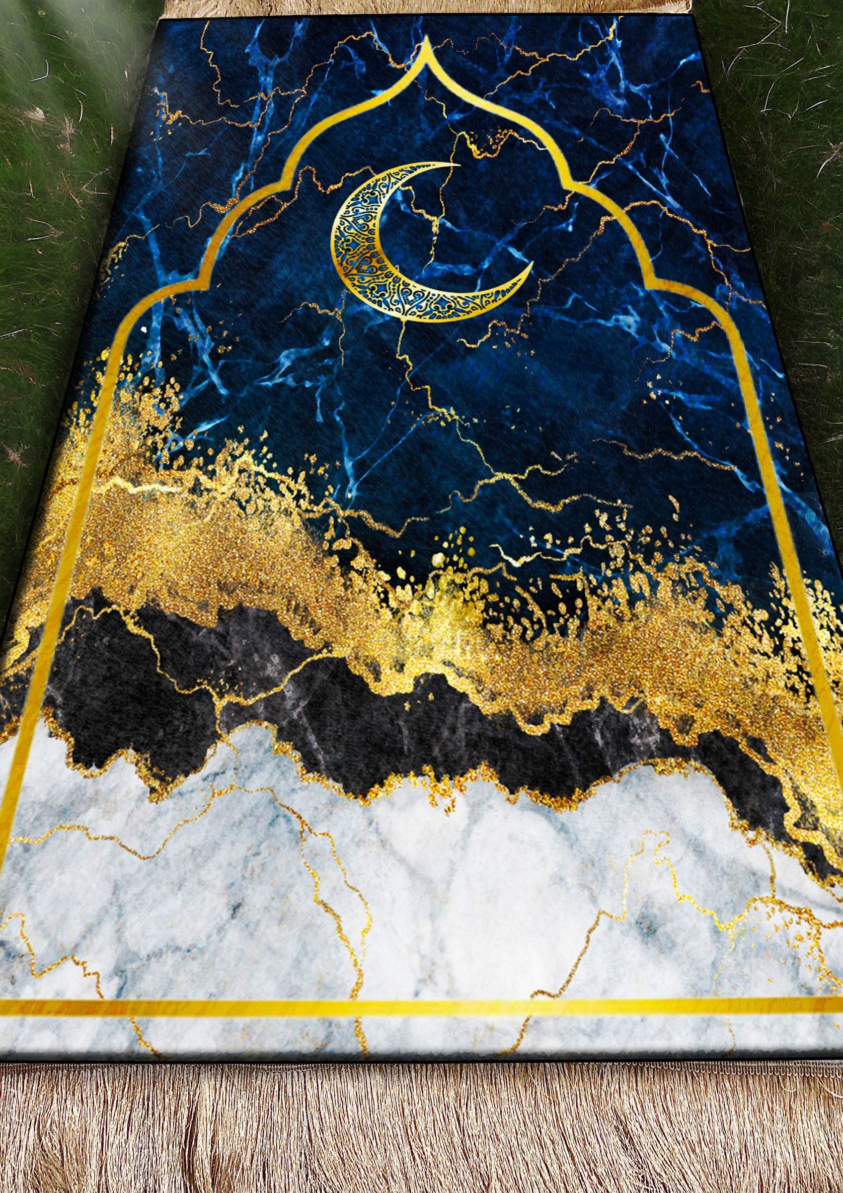 Lacivert Hilal İsme Özel Keten Astarlı Lüks Seccade - Carpetella