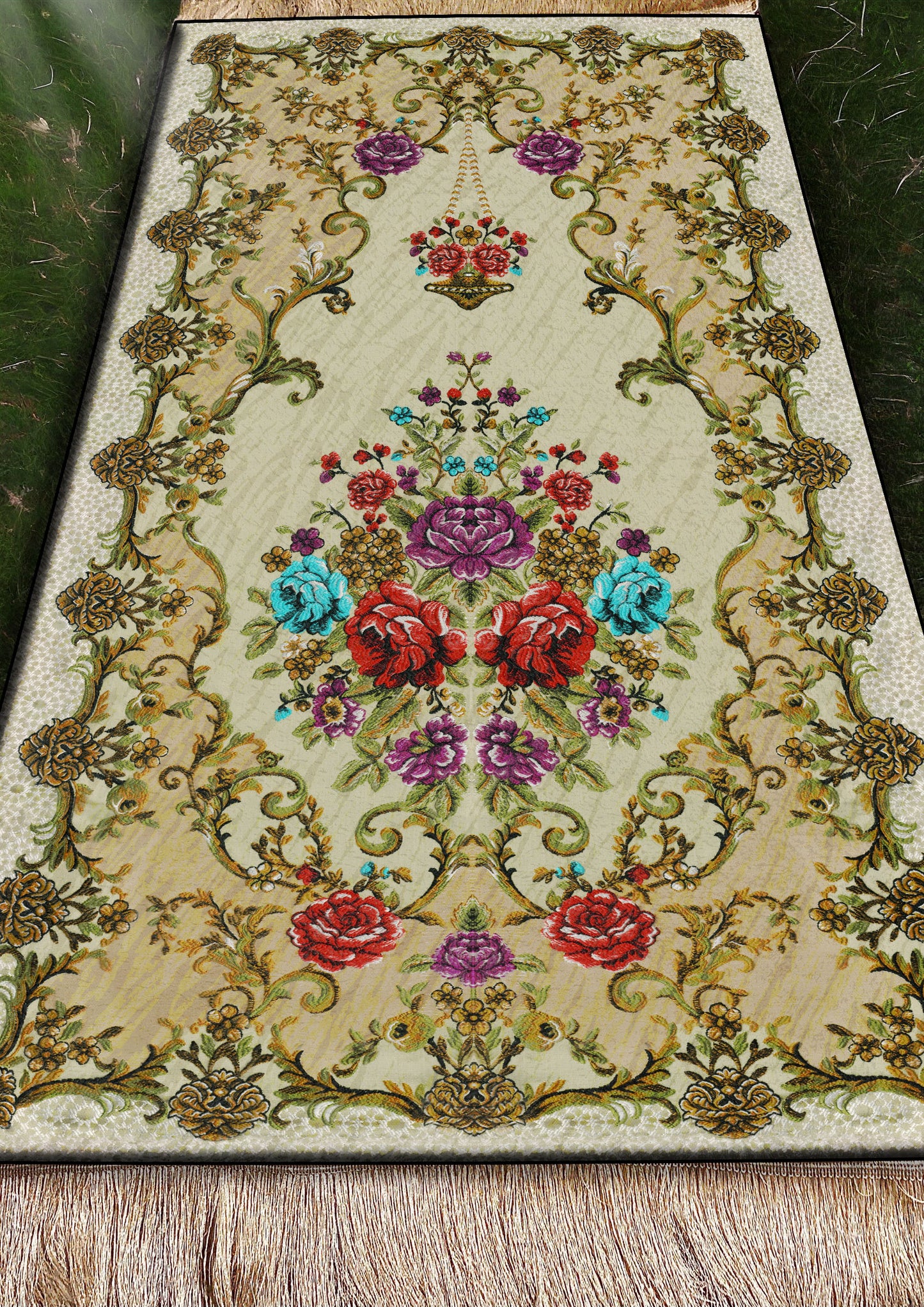 2 CM (0.8 Inch) Foam Thick Padded Prayer Rug Mat With Soft Velvet Anti-Slip Flower Beige Janamaz Muslim Sejadah