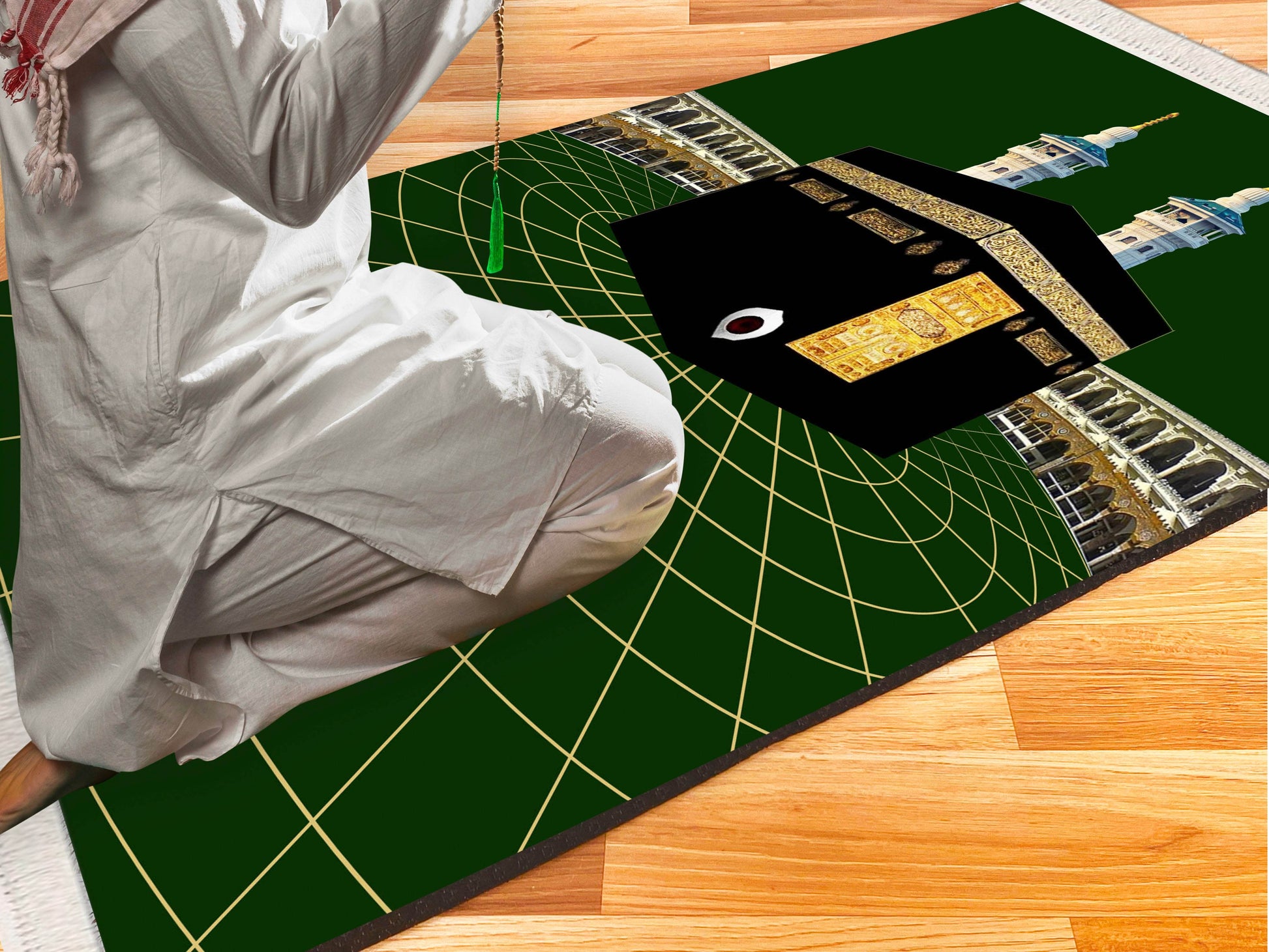 Yeşil Kabe Desenli İsme Özel Keten Astarlı Lüks Seccade - Carpetella