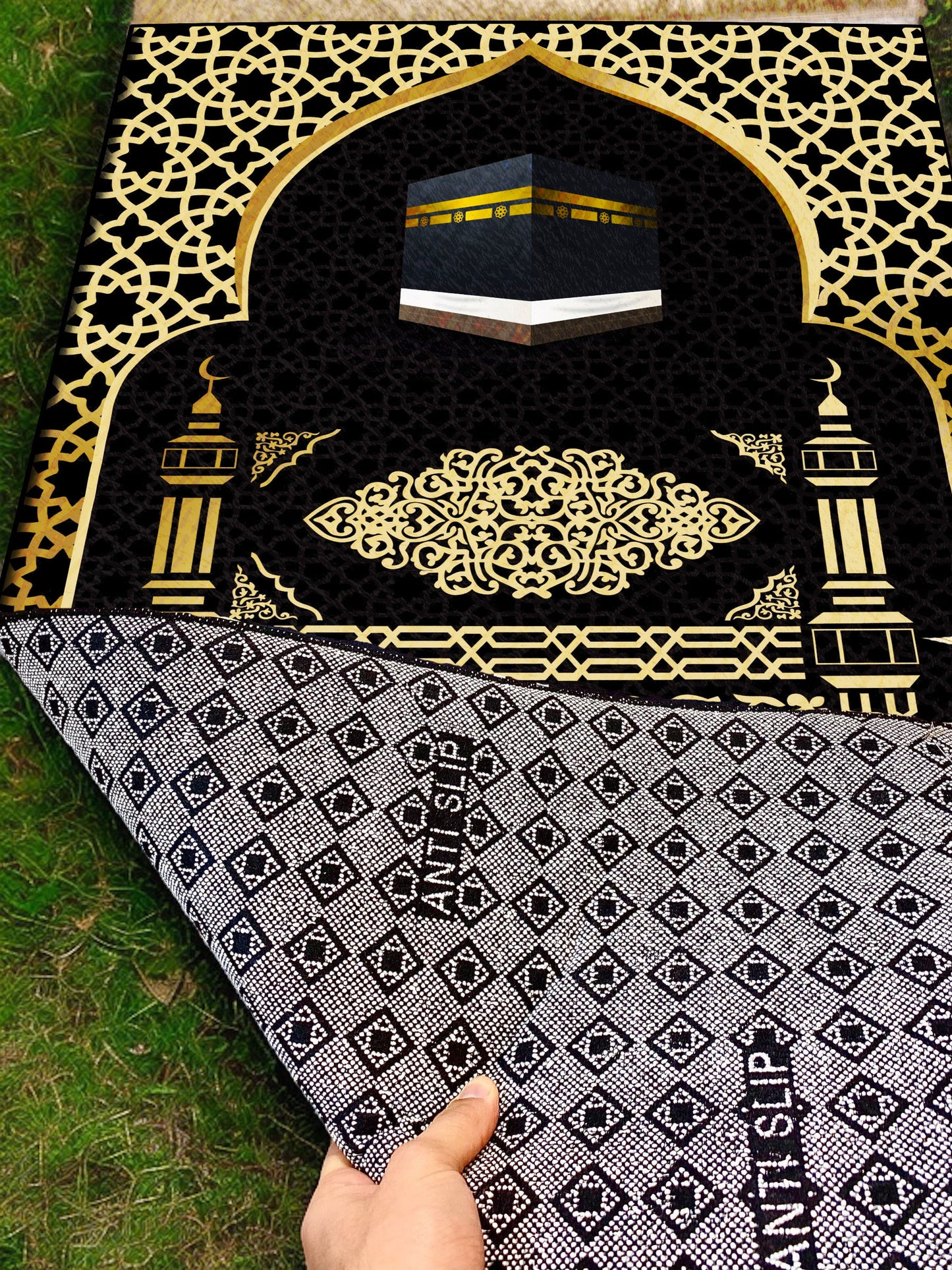 2 CM (0.8 Inch) Foam Thick Padded Prayer Rug Mat With Soft Velvet Anti-Slip Gold Kaaba Janamaz Muslim Sejadah