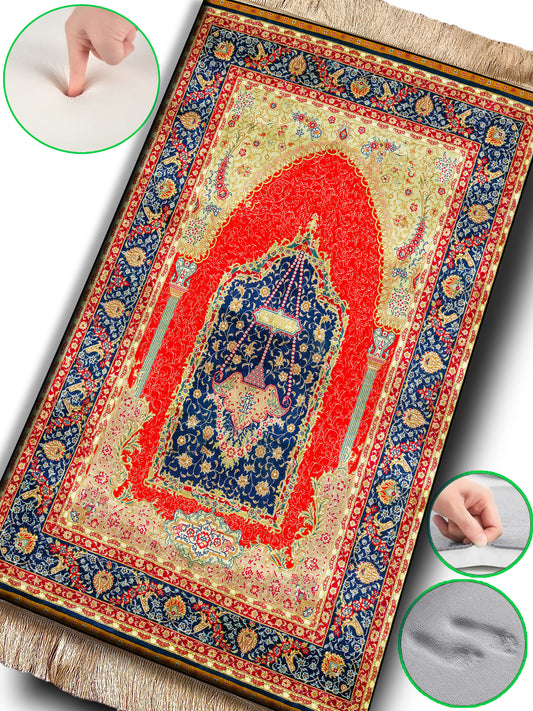 2 CM (0.8 Inch) Foam Thick Padded Prayer Rug Mat With Soft Velvet Anti-Slip Red Oriental Janamaz Muslim Sejadah