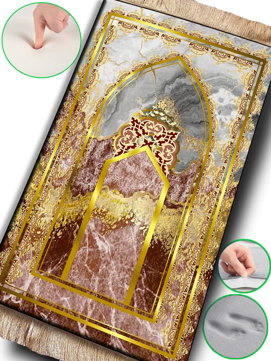 2 CM (0.8 Inch) Foam Thick Padded Prayer Rug Mat With Soft Velvet Anti-Slip Marble Gold Janamaz Muslim Sejadah