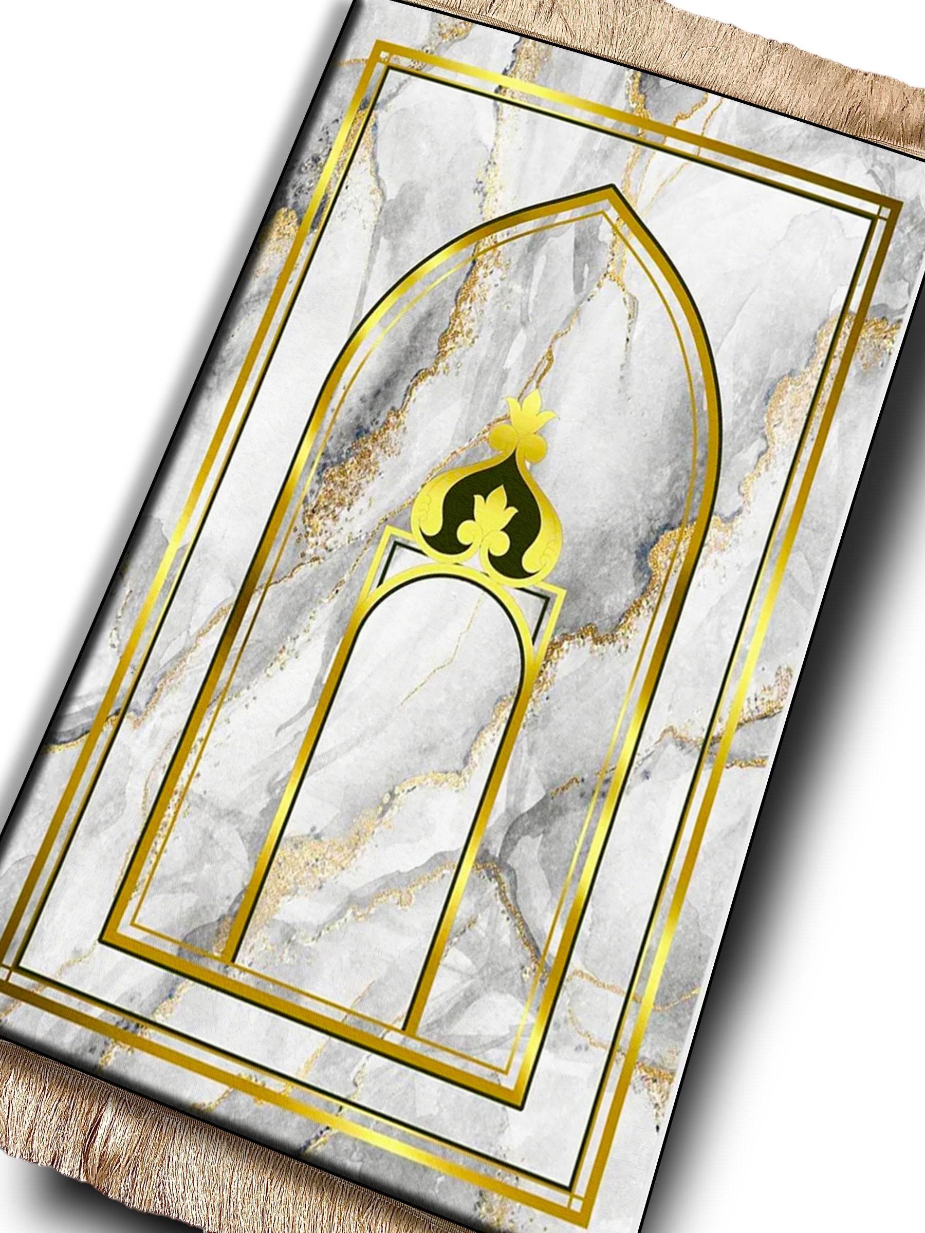 Gold Mermer Desenli İsme Özel Keten Astarlı Lüks Seccade - Carpetella