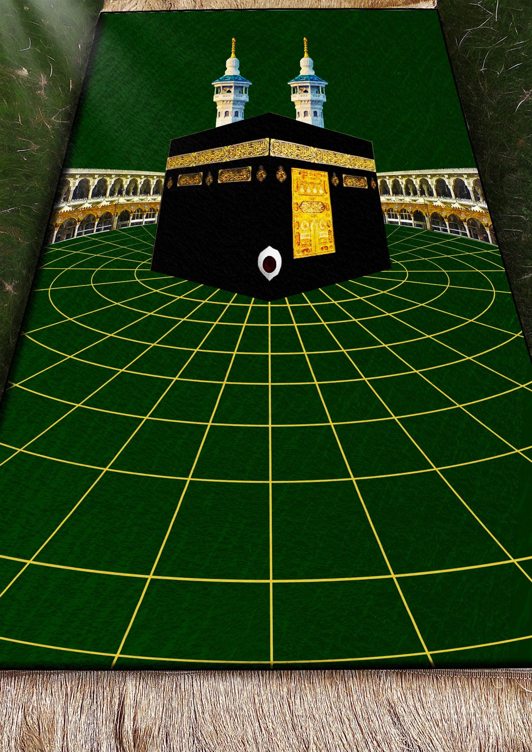 Yeşil Kabe Desenli İsme Özel Keten Astarlı Lüks Seccade - Carpetella