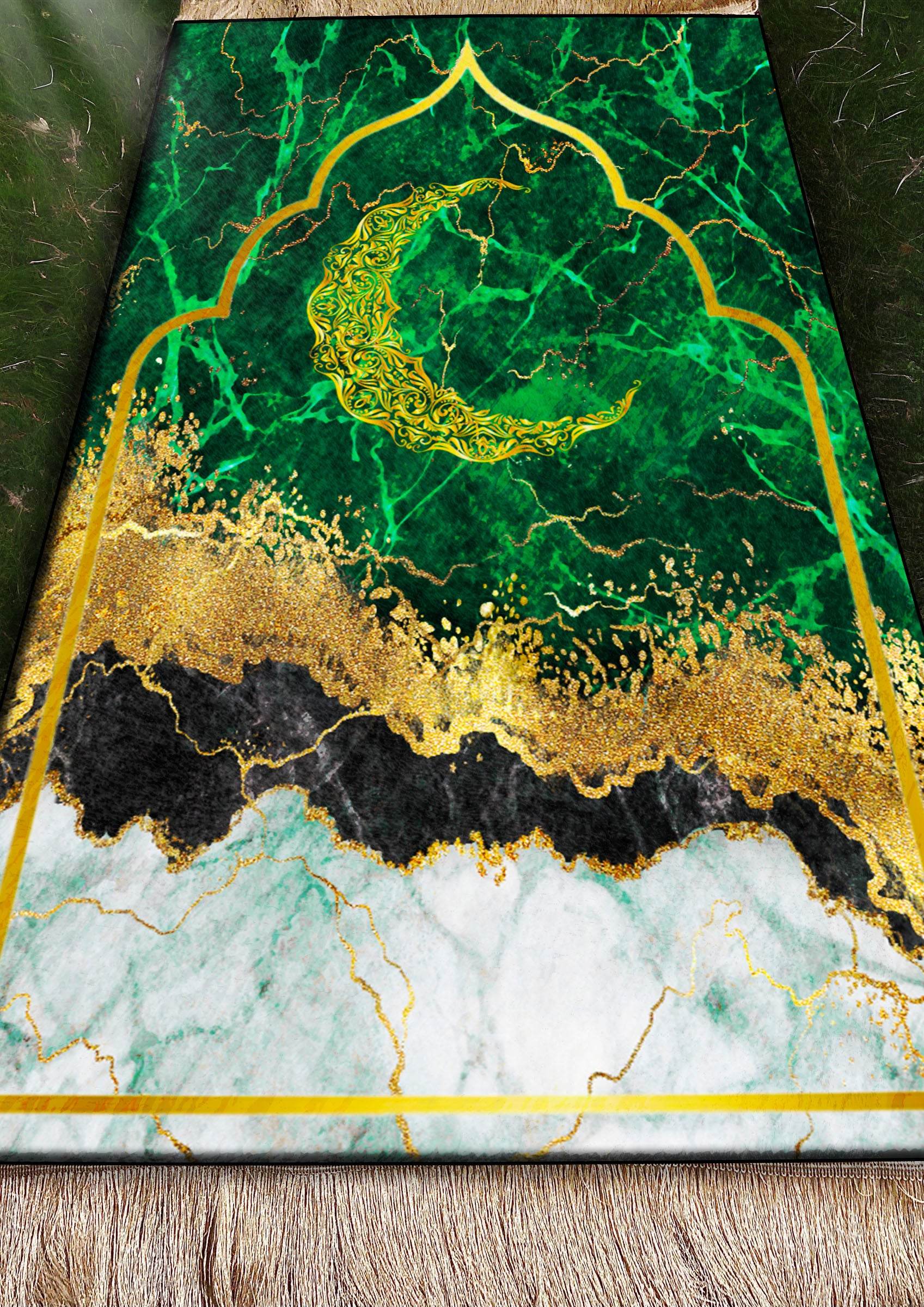 Yeşil Hilal İsme Özel Keten Astarlı Lüks Seccade - Carpetella