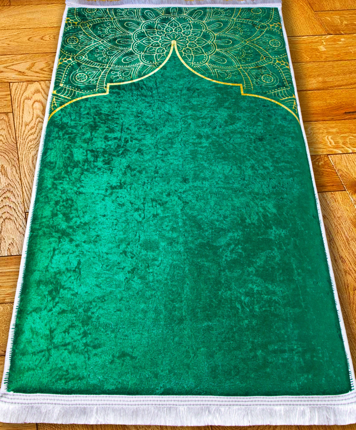 2 CM (0.8 Inch) Foam Thick Padded Prayer Rug Mat With Soft Velvet Anti-Slip Islamic Green Janamaz Muslim Sejadah